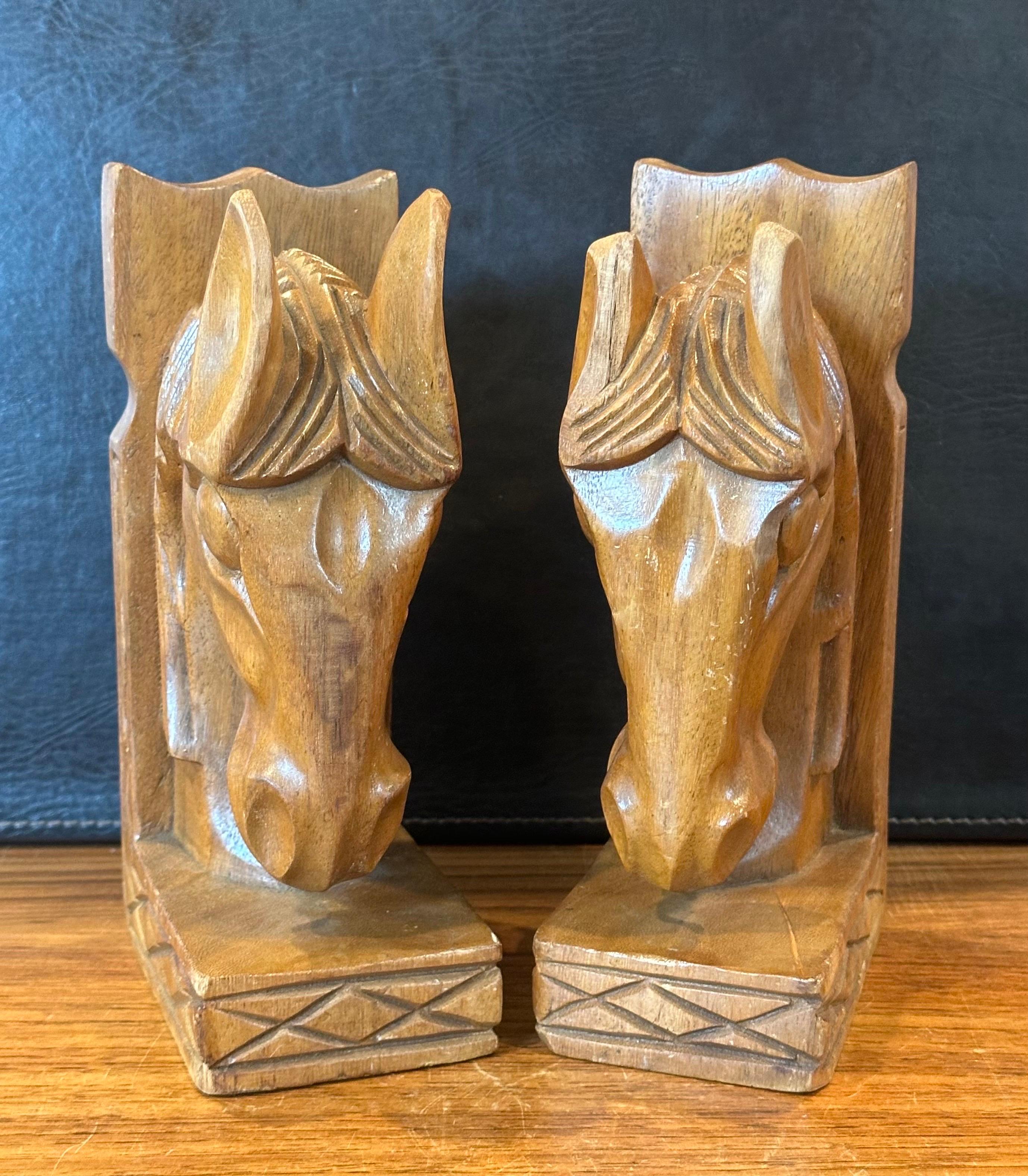 20th Century Pair of Mid-Century Hand Carved Wood Horse Head Bookends For Sale