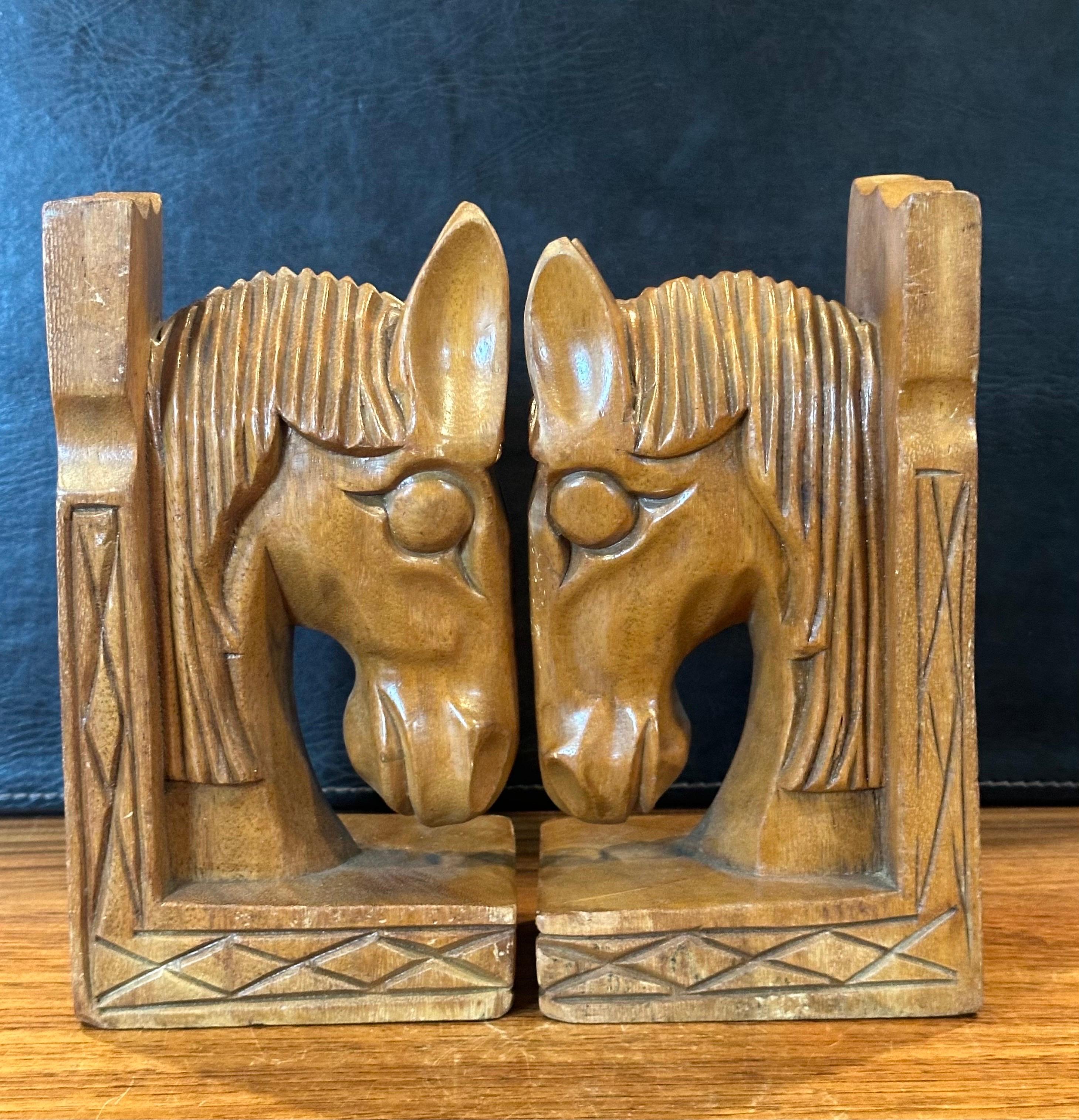 Mahogany Pair of Mid-Century Hand Carved Wood Horse Head Bookends For Sale