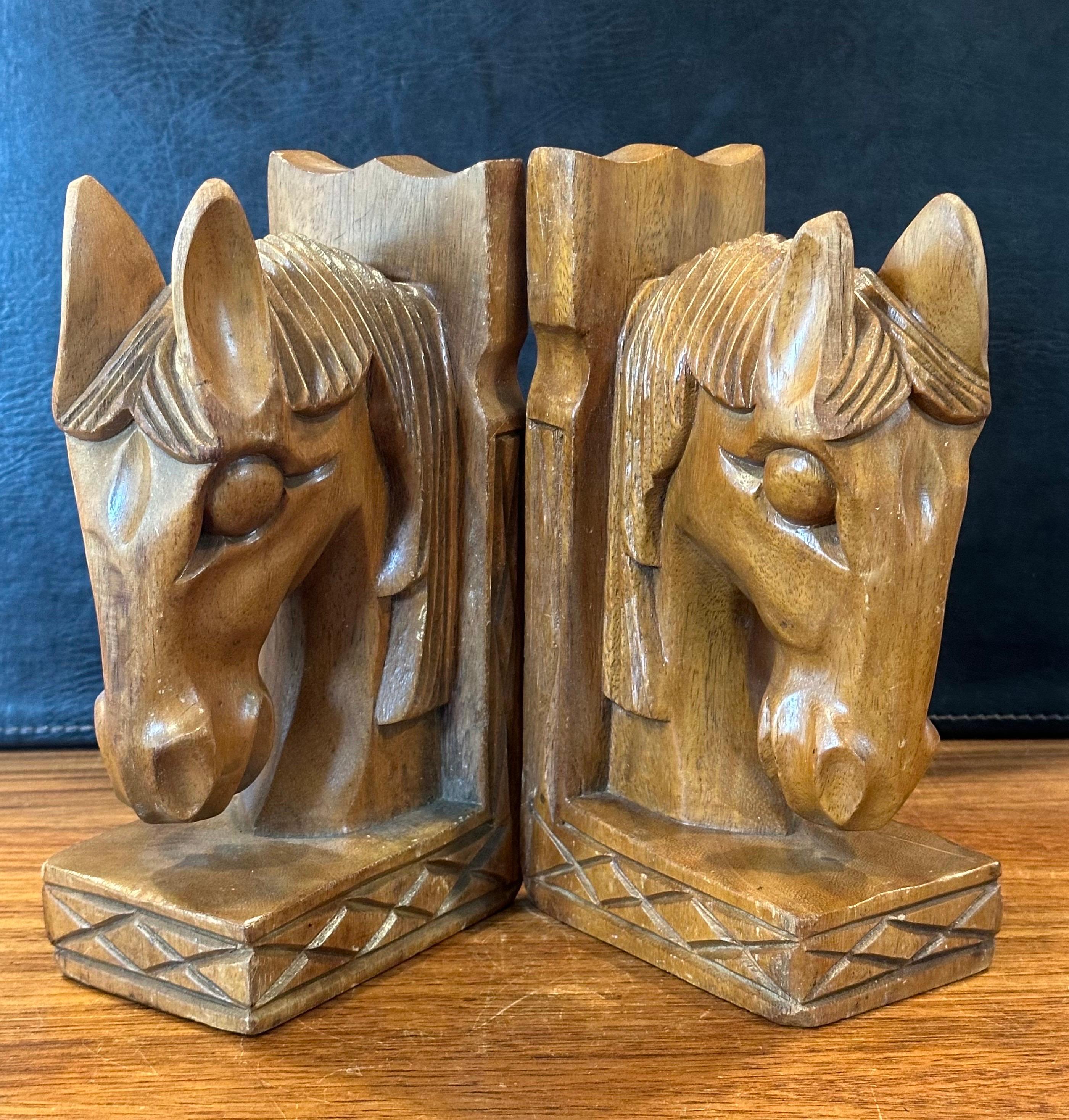 Pair of Mid-Century Hand Carved Wood Horse Head Bookends For Sale 1