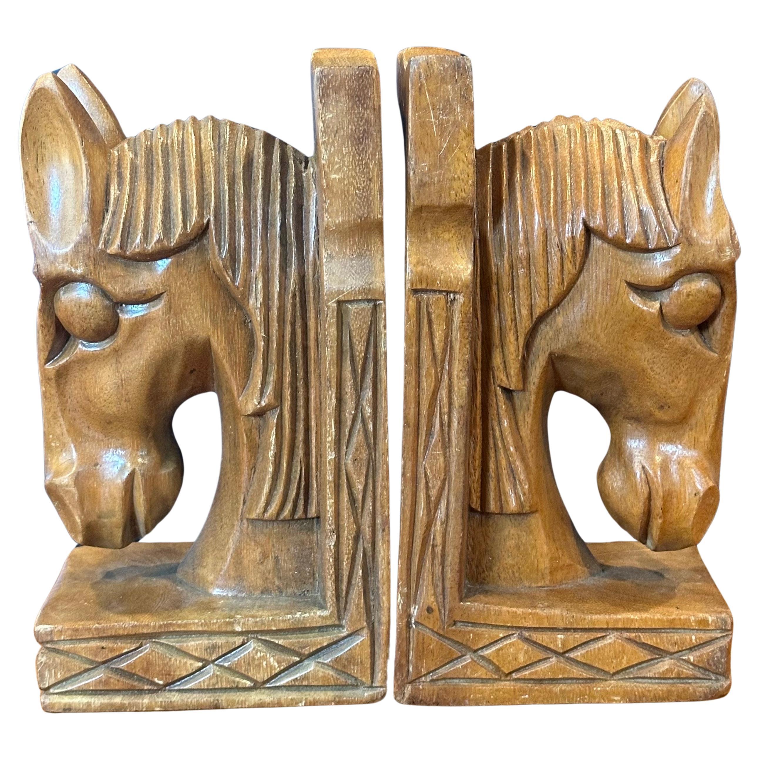 Pair of Mid-Century Hand Carved Wood Horse Head Bookends For Sale 2