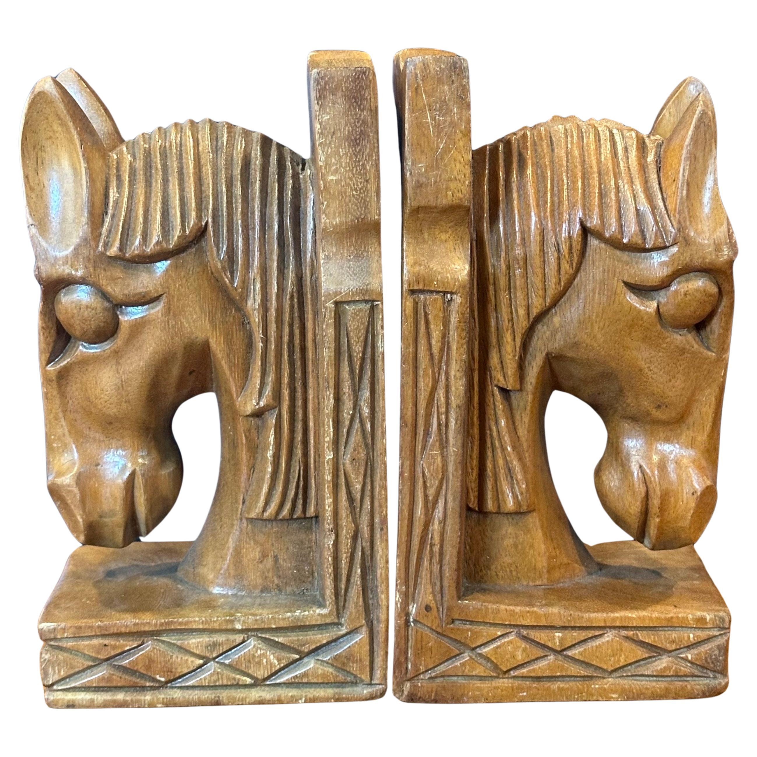 Pair of Mid-Century Hand Carved Wood Horse Head Bookends For Sale