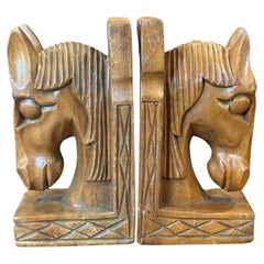 Retro Pair of Mid-Century Hand Carved Wood Horse Head Bookends