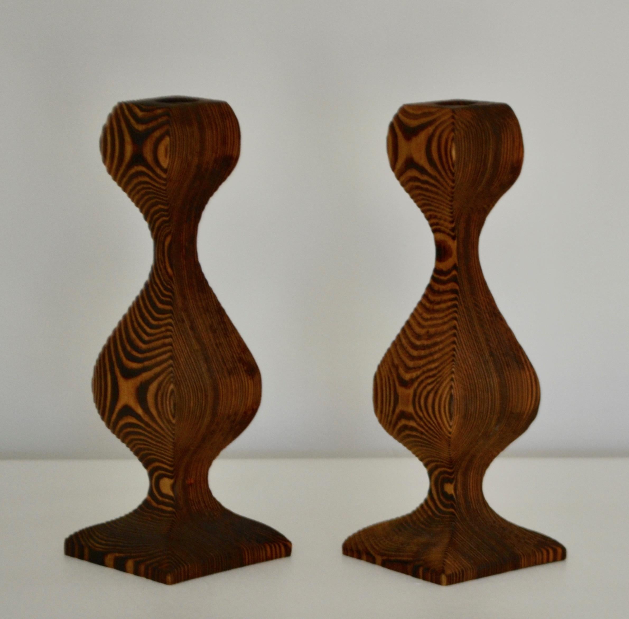 North American Pair of Midcentury Hand Carved Wooden Candlesticks For Sale
