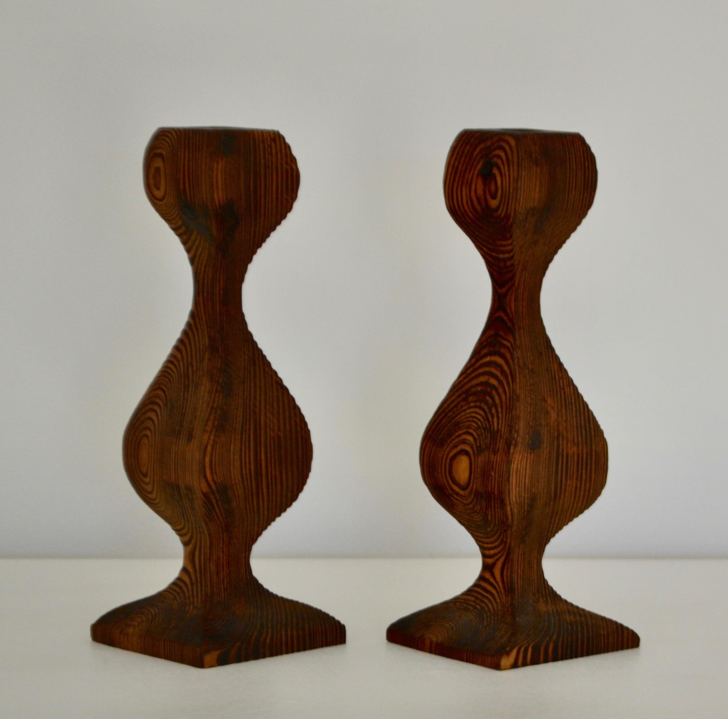 Mid-20th Century Pair of Midcentury Hand Carved Wooden Candlesticks For Sale
