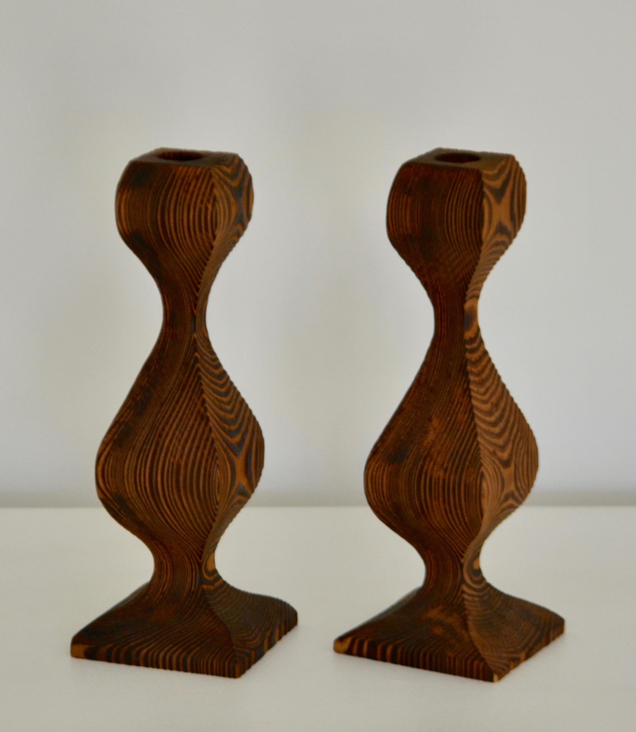Pair of Midcentury Hand Carved Wooden Candlesticks For Sale 1