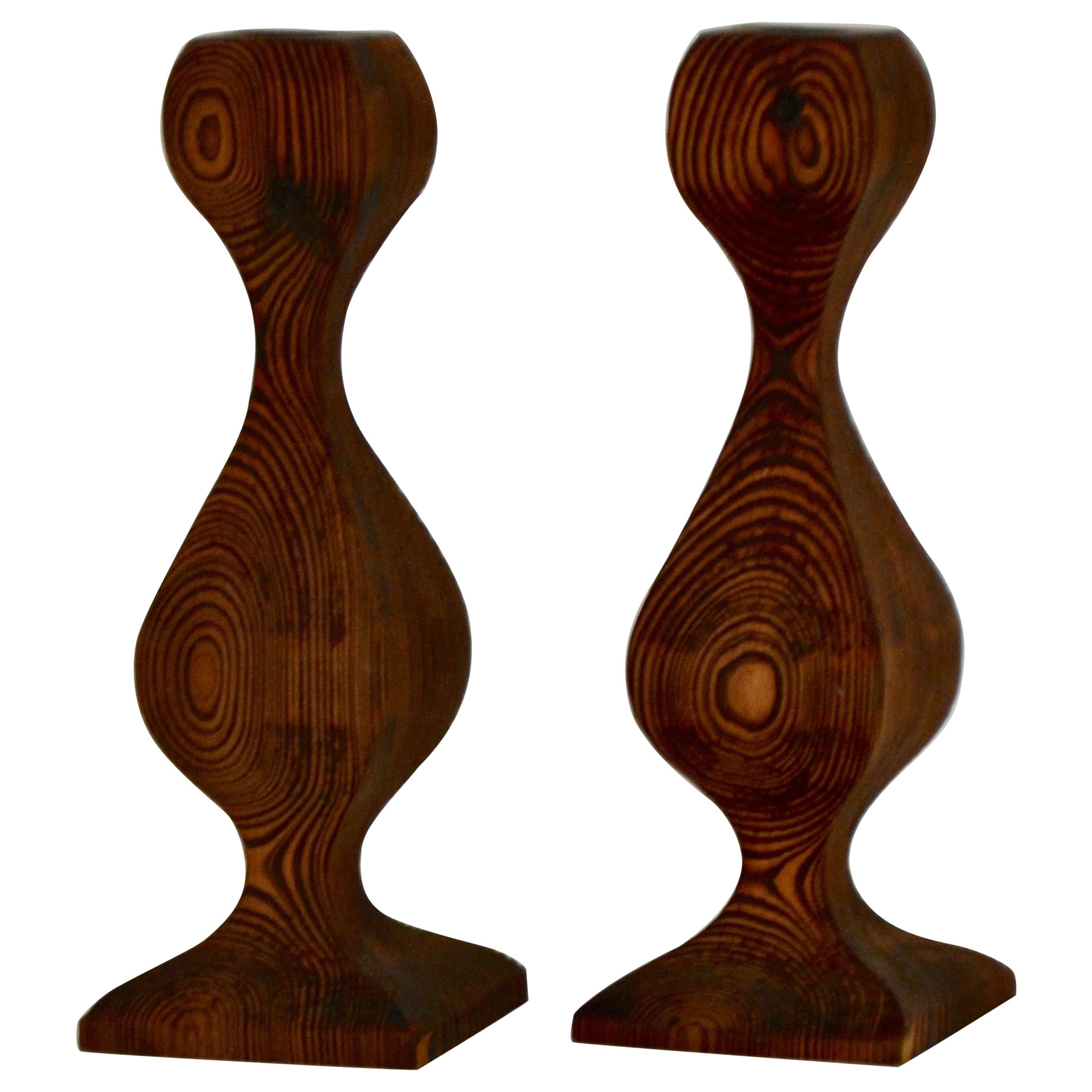 Pair of Midcentury Hand Carved Wooden Candlesticks For Sale