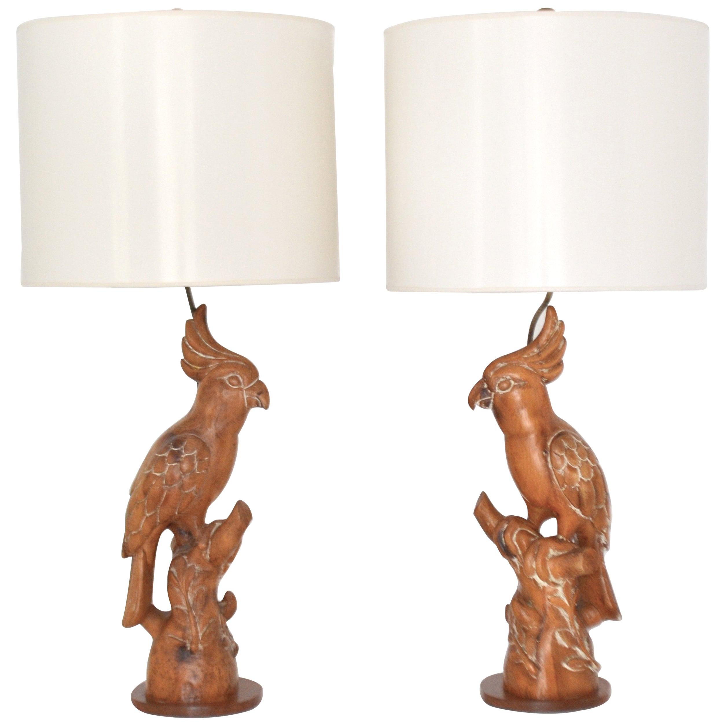 Pair of Midcentury Hand Carved Wooden Parrot Form Table Lamps For Sale