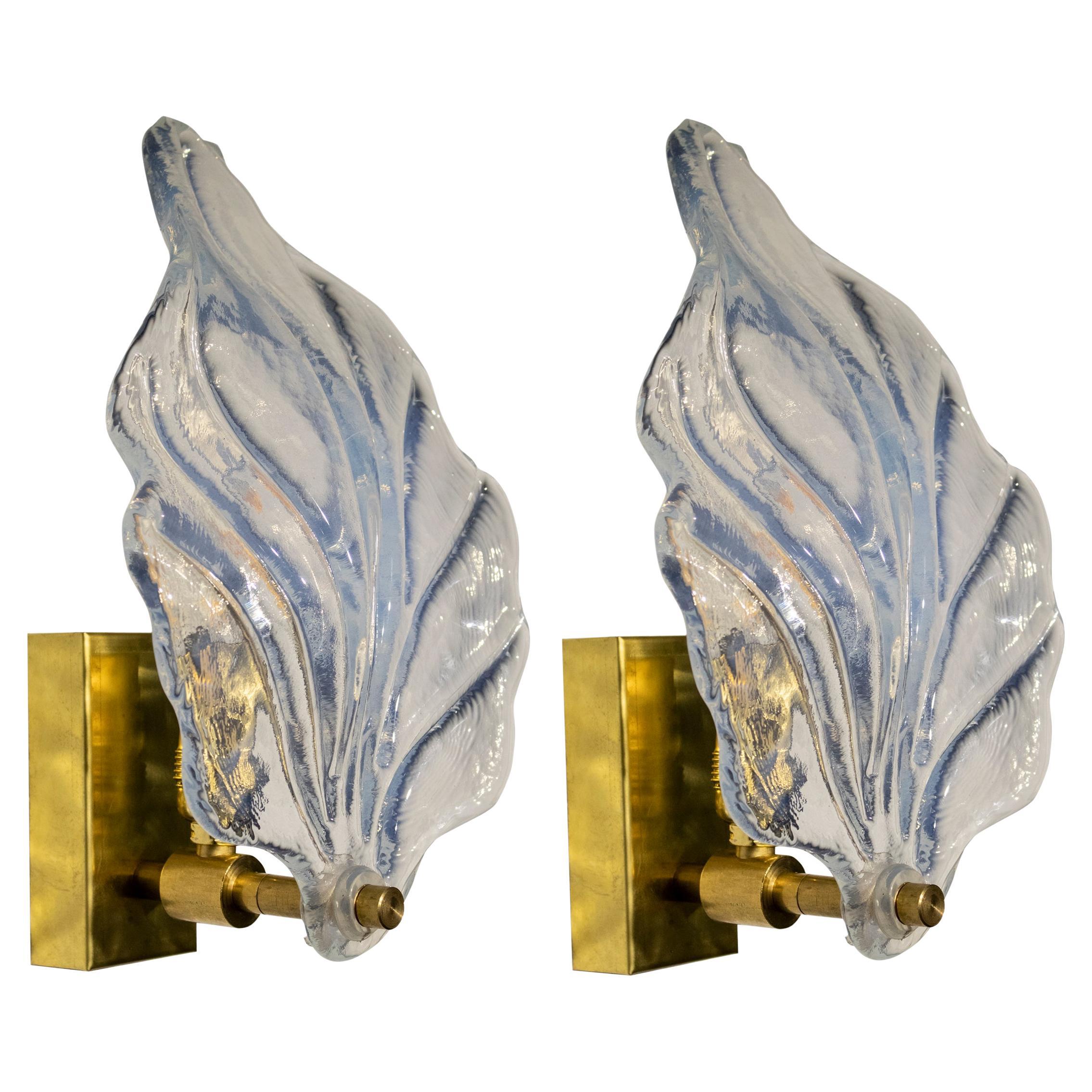 Pair of Mid-Century Hand Crafted Murano Glass Leaf Sconces, Italia, 1960 For Sale