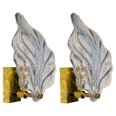 Vintage Pair of Mid-Century Hand Crafted Murano Glass Leaf Sconces, Italia, 1960