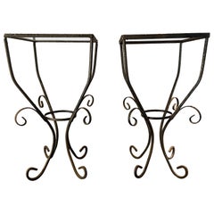 Pair of Mid-Century Hand-Forged Wrought Iron Scroll Tables with Glass Tops