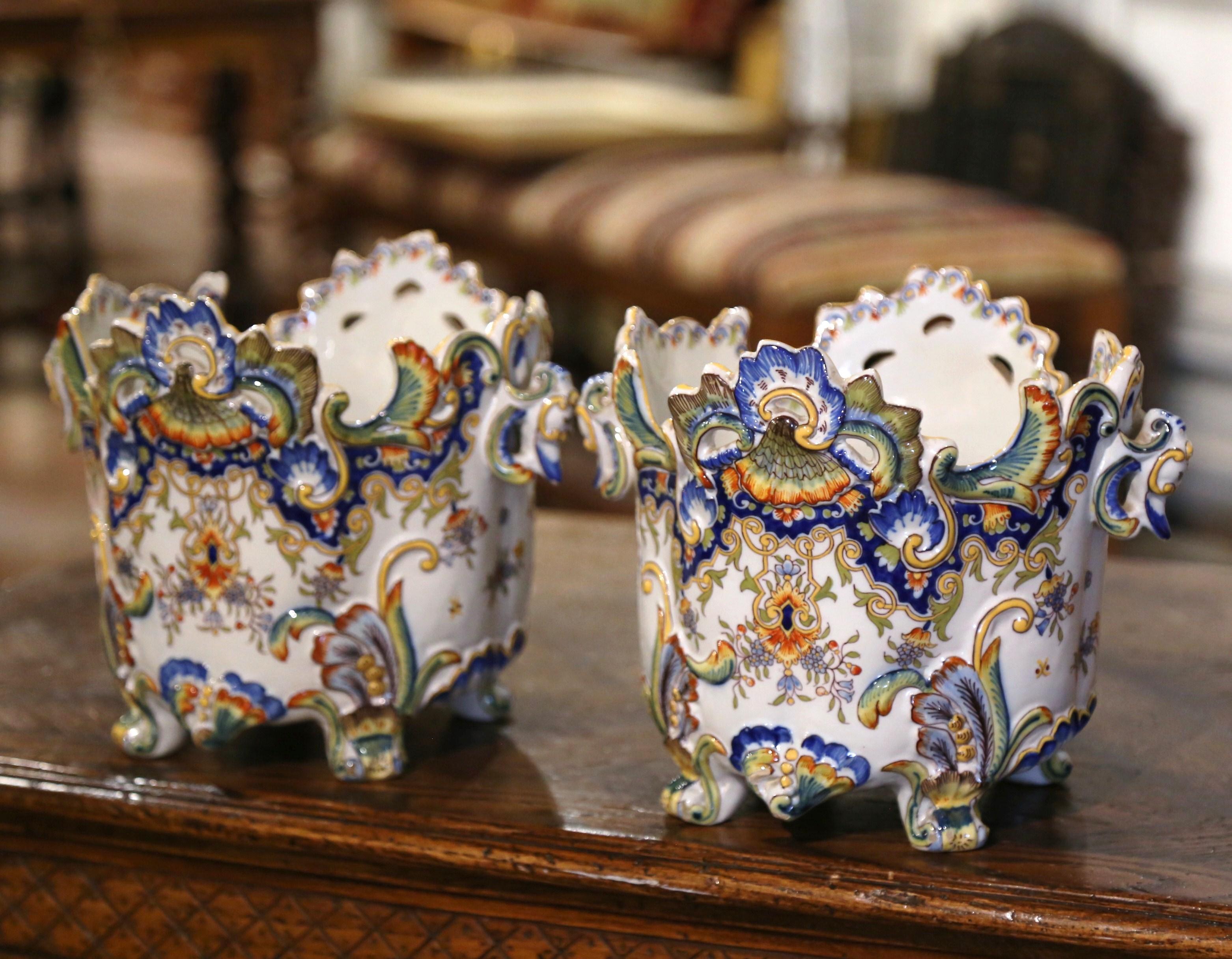 French Pair of Mid-Century Hand-Painted Faience Cache Pots from Rouen, France