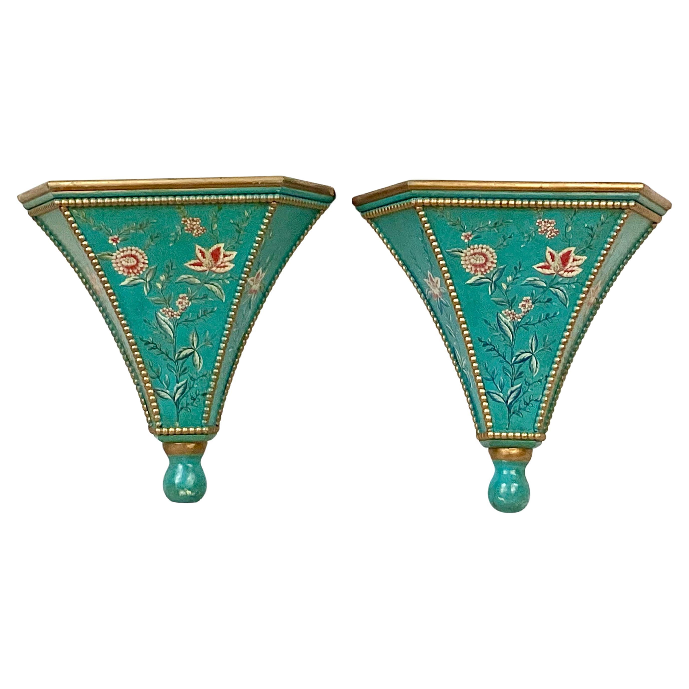 Wood Pair of Mid-Century Hand-Painted Wall Brackets/Sconces For Sale