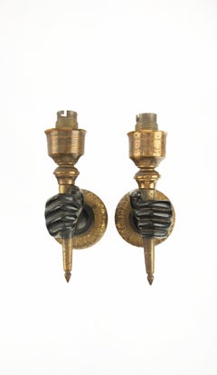 Pair of Mid Century Hand Wall Sconces with Round Back Plates with Sunflowers