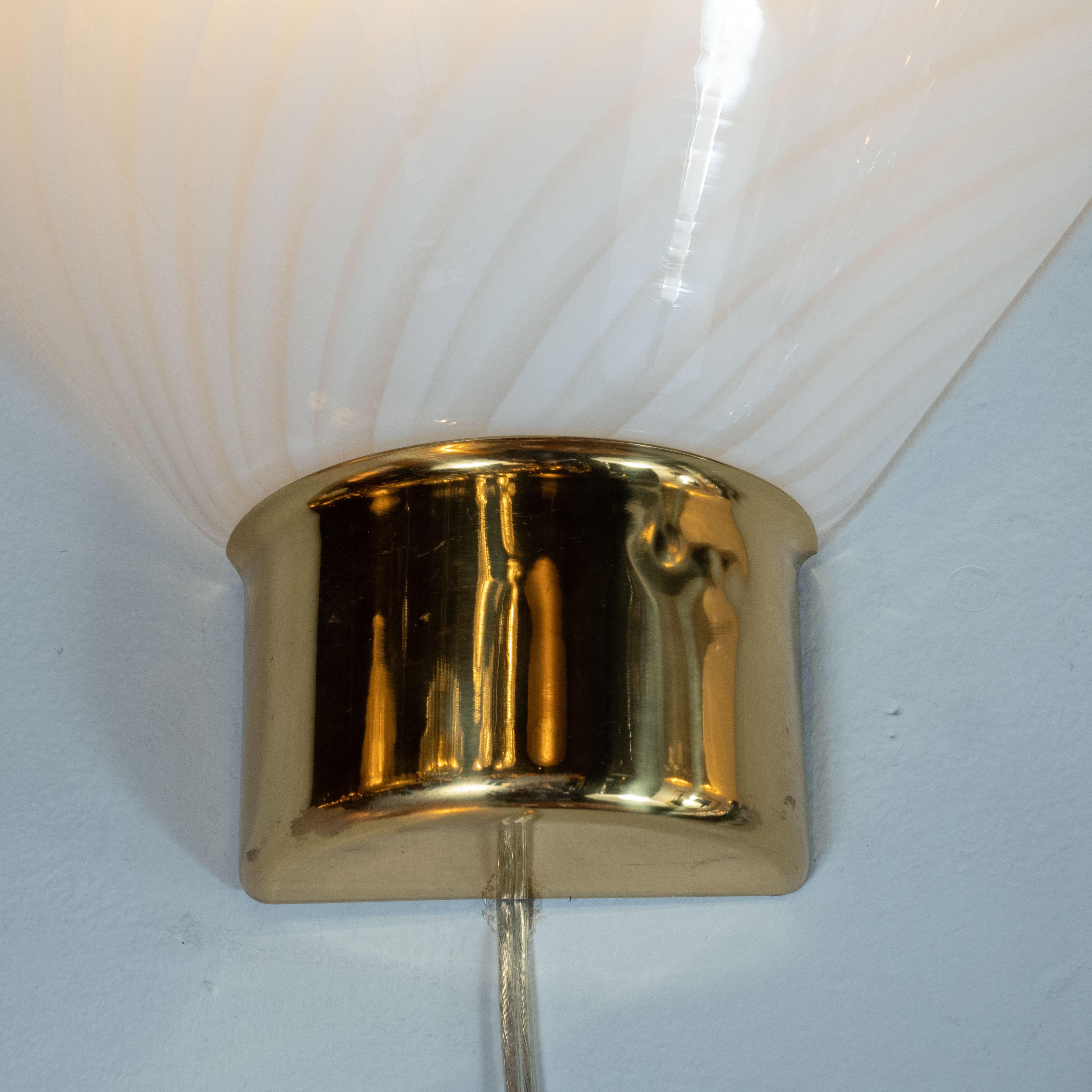 Italian Pair of Midcentury Handblown Striated Murano Glass and Brass Sconces by Fabbian For Sale