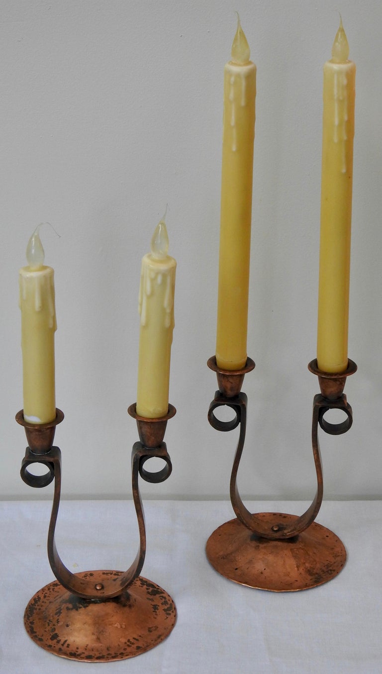 Handmade Hammered Copper Double Candlesticks, Midcentury For Sale at
