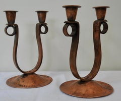Handmade Hammered Copper Double Candlesticks, Midcentury