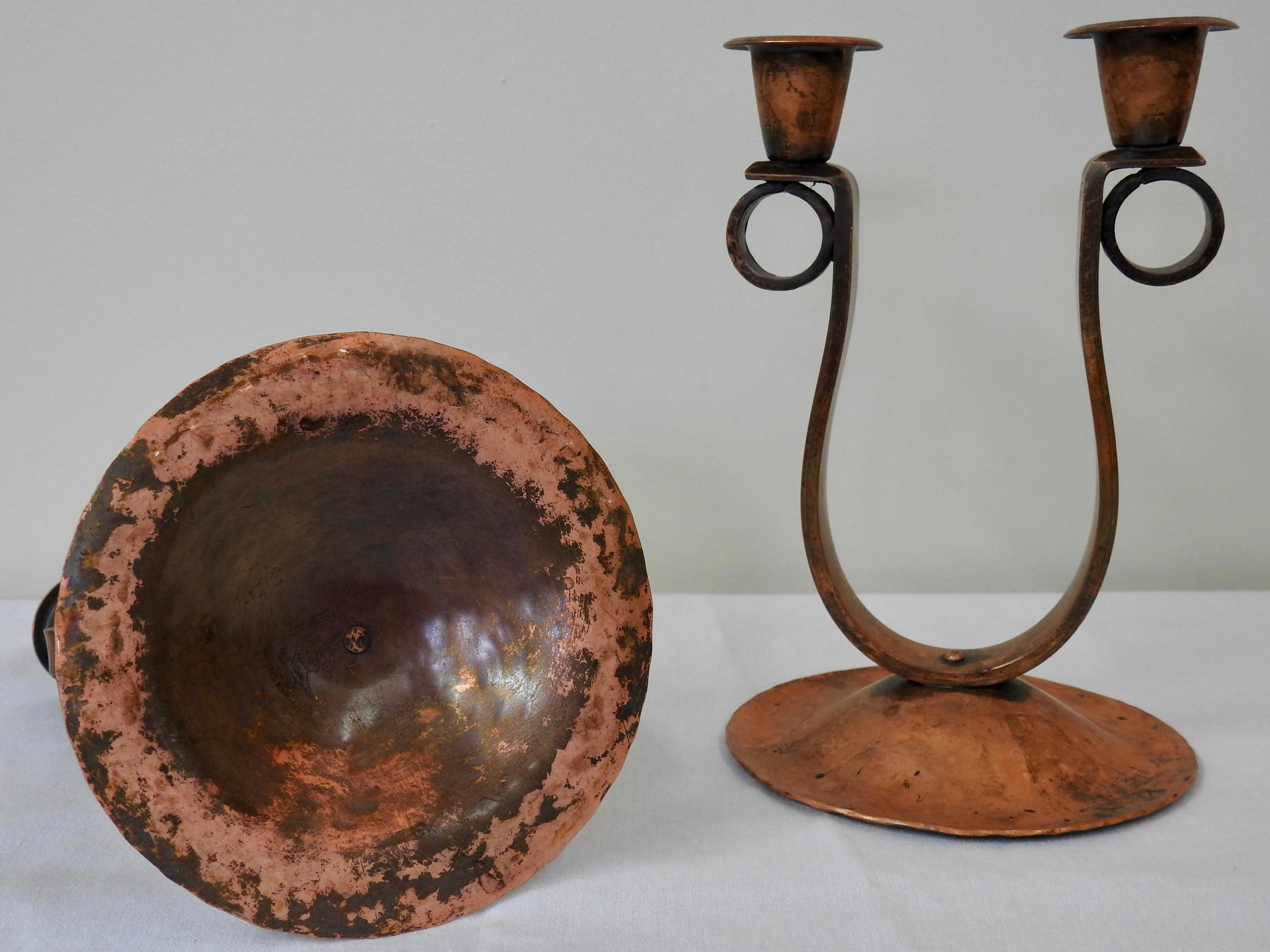 20th Century Handmade Hammered Copper Double Candlesticks, Midcentury For Sale