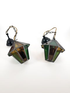 Pair of Mid-Century Hanging Lanterns in Multicolored Leaded Glass and Metal