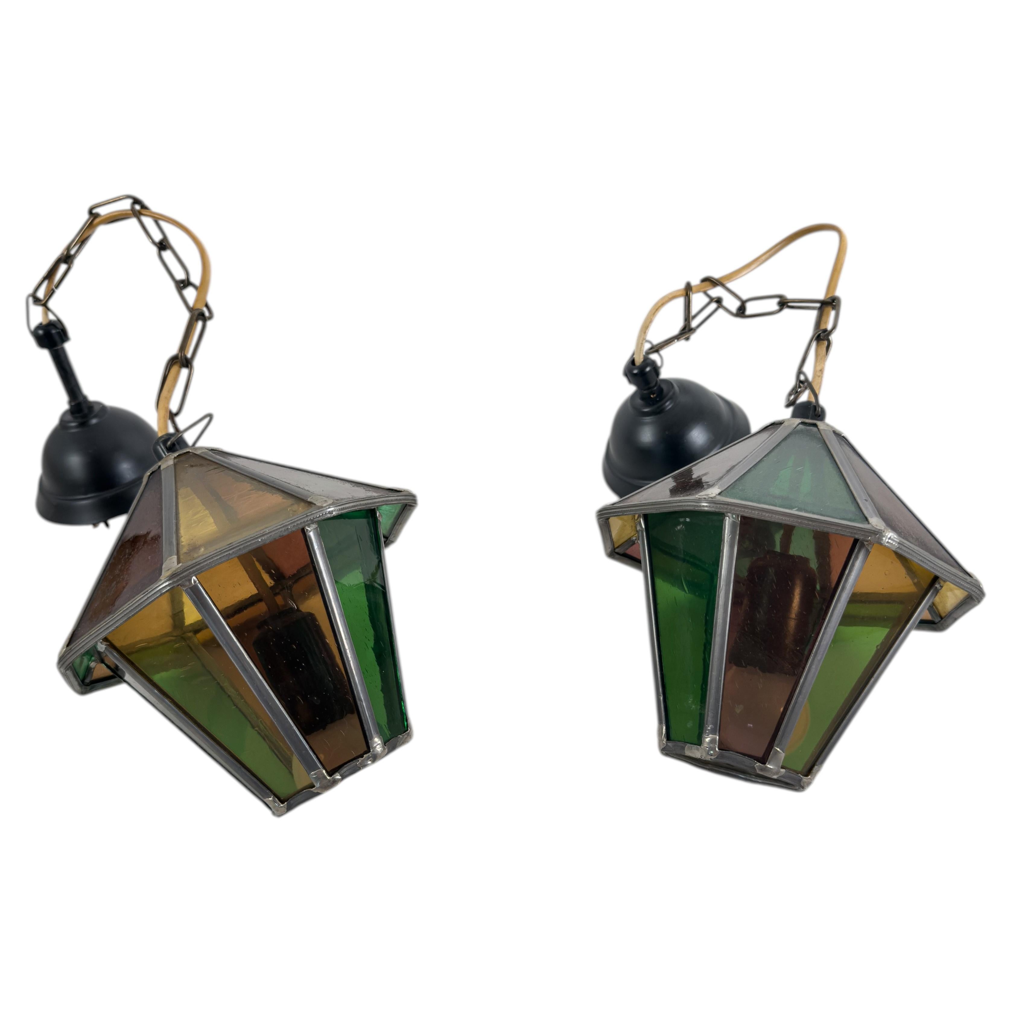 Pair of Mid-Century Hanging Lanterns in Multicolored Leaded Glass and Metal