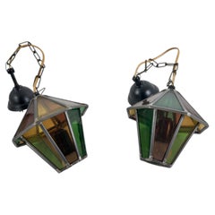 Pair of Mid-Century Hanging Lanterns in Multicolored Leaded Glass and Metal