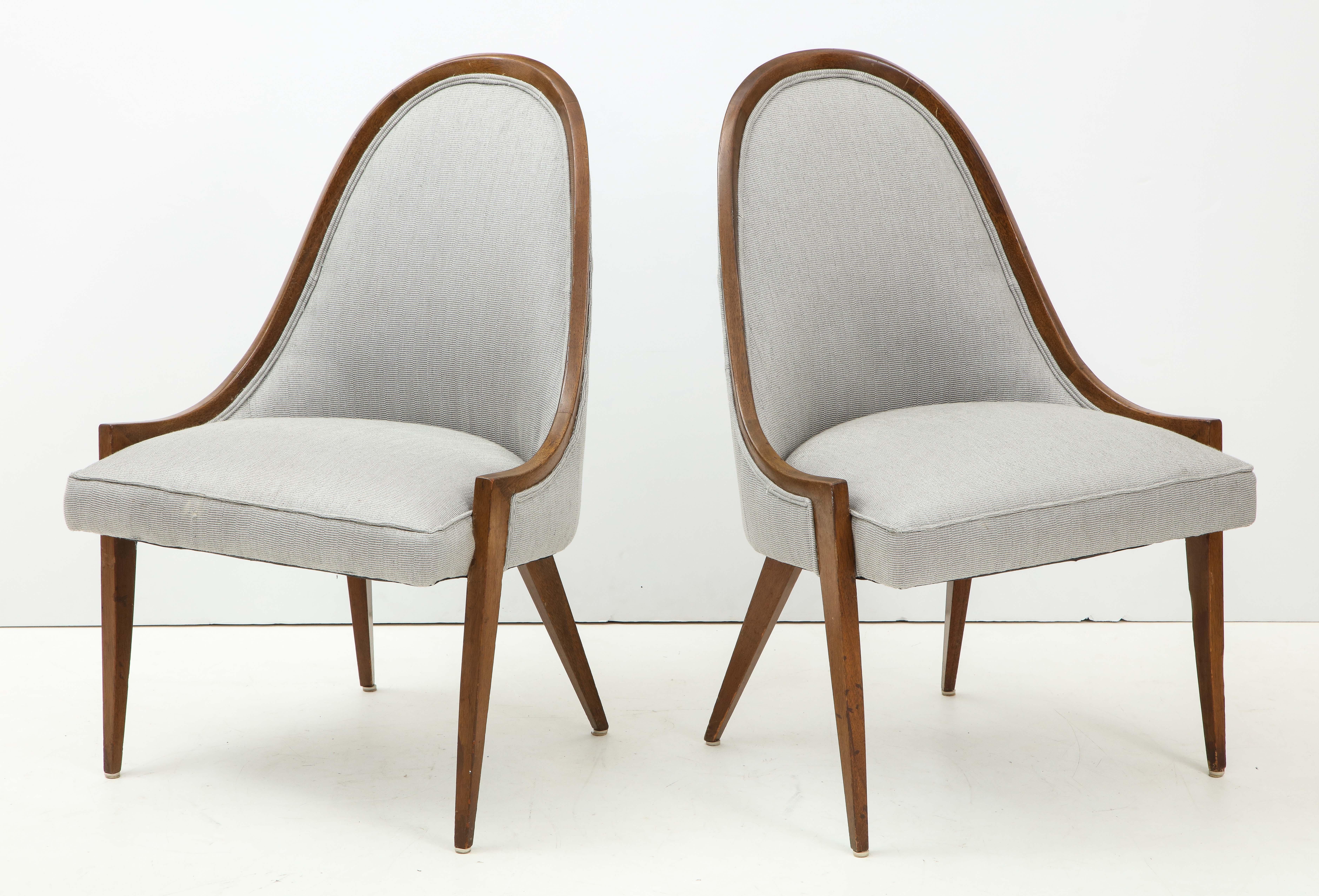 Pair of midcentury Harvey Prober side chairs in an elegant Klismos style, upholstered in grey twill