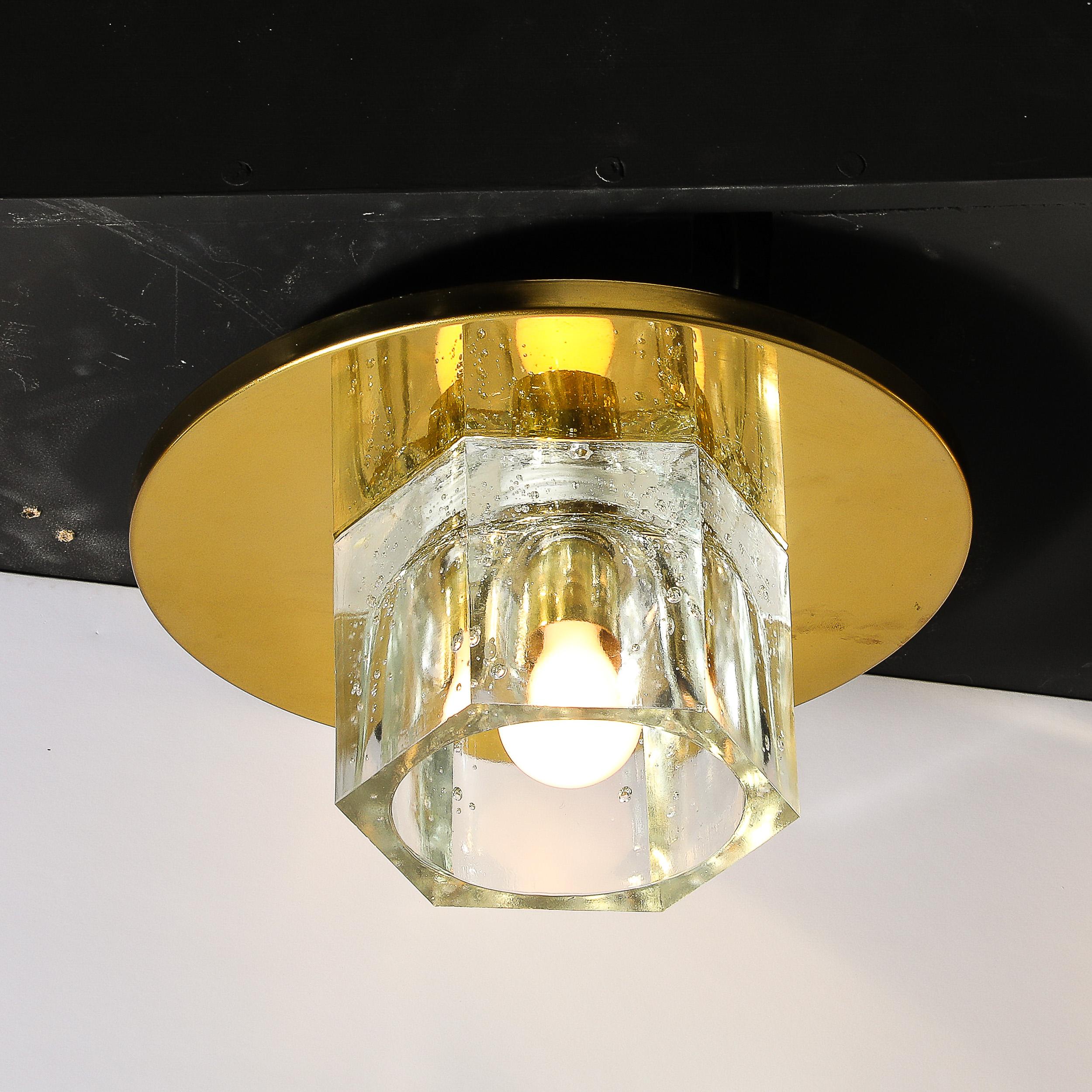 Brass Pair of Mid-Century Hexagonal Shade Glass Flush Mount Chandelier by Lightolier For Sale