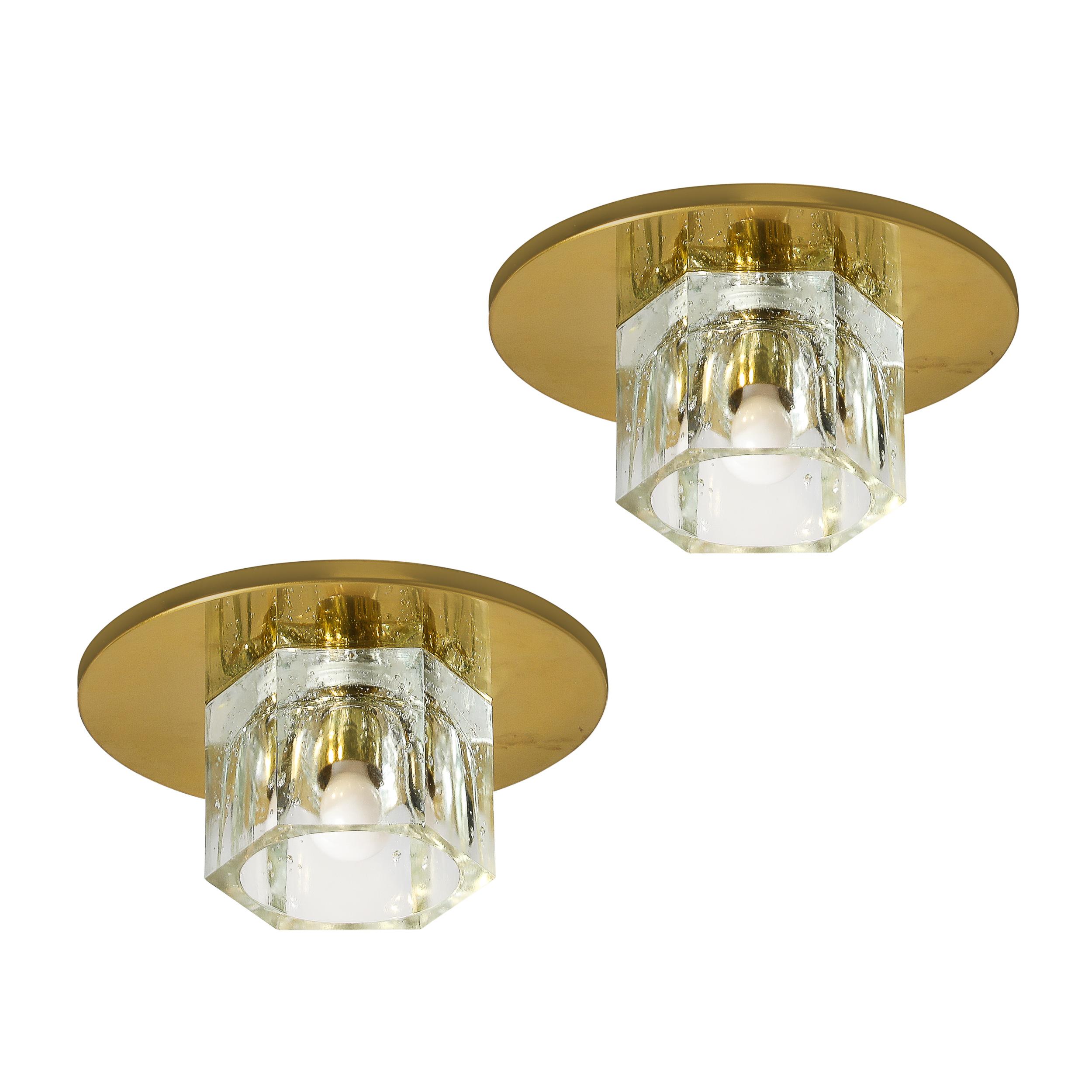 Pair of Mid-Century Hexagonal Shade Glass Flush Mount Chandelier by Lightolier For Sale