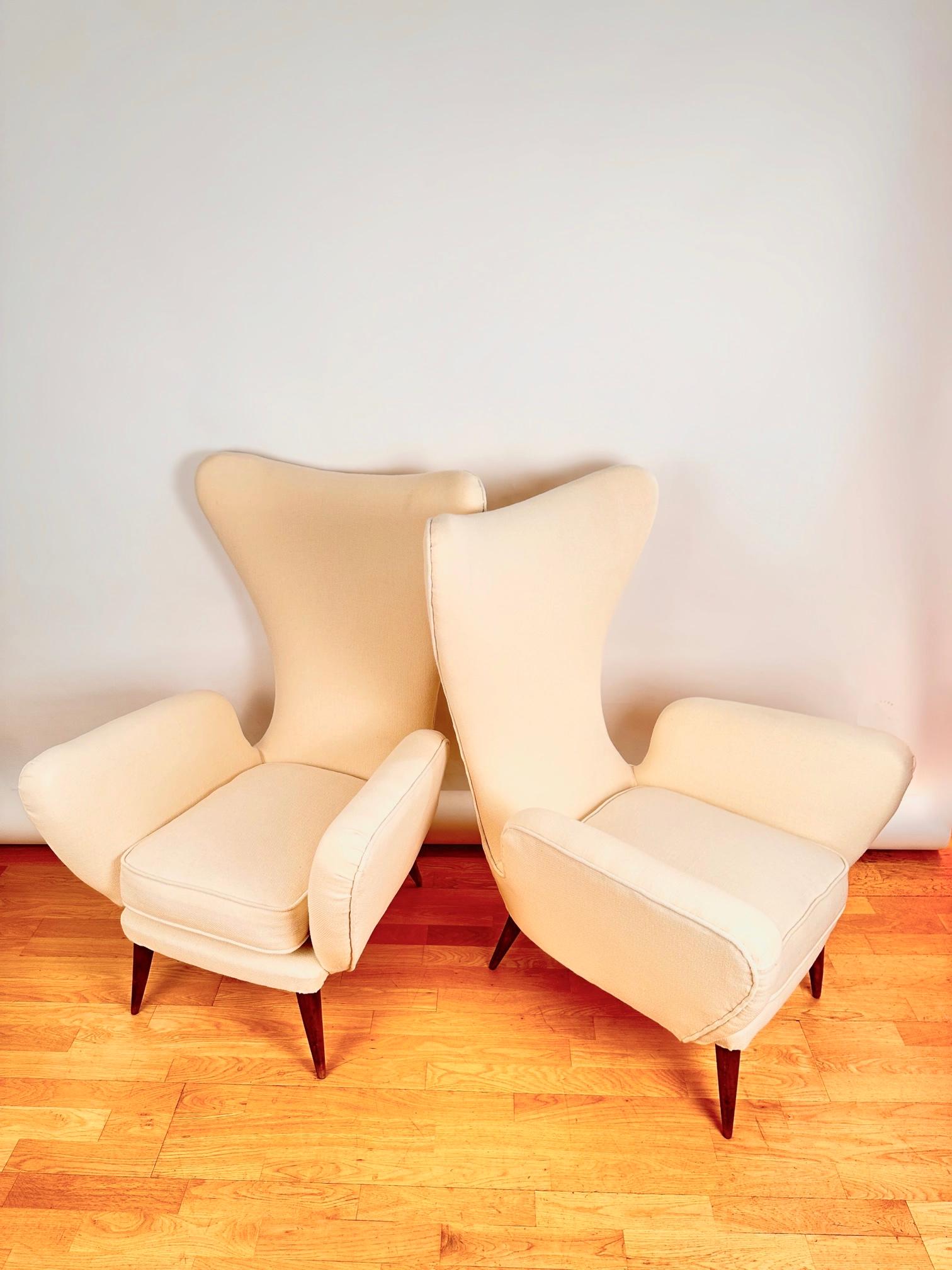 Pair of Midcentury High Back Armchairs by E. Sala and G. Madini, Kvadrat Fabric For Sale 1