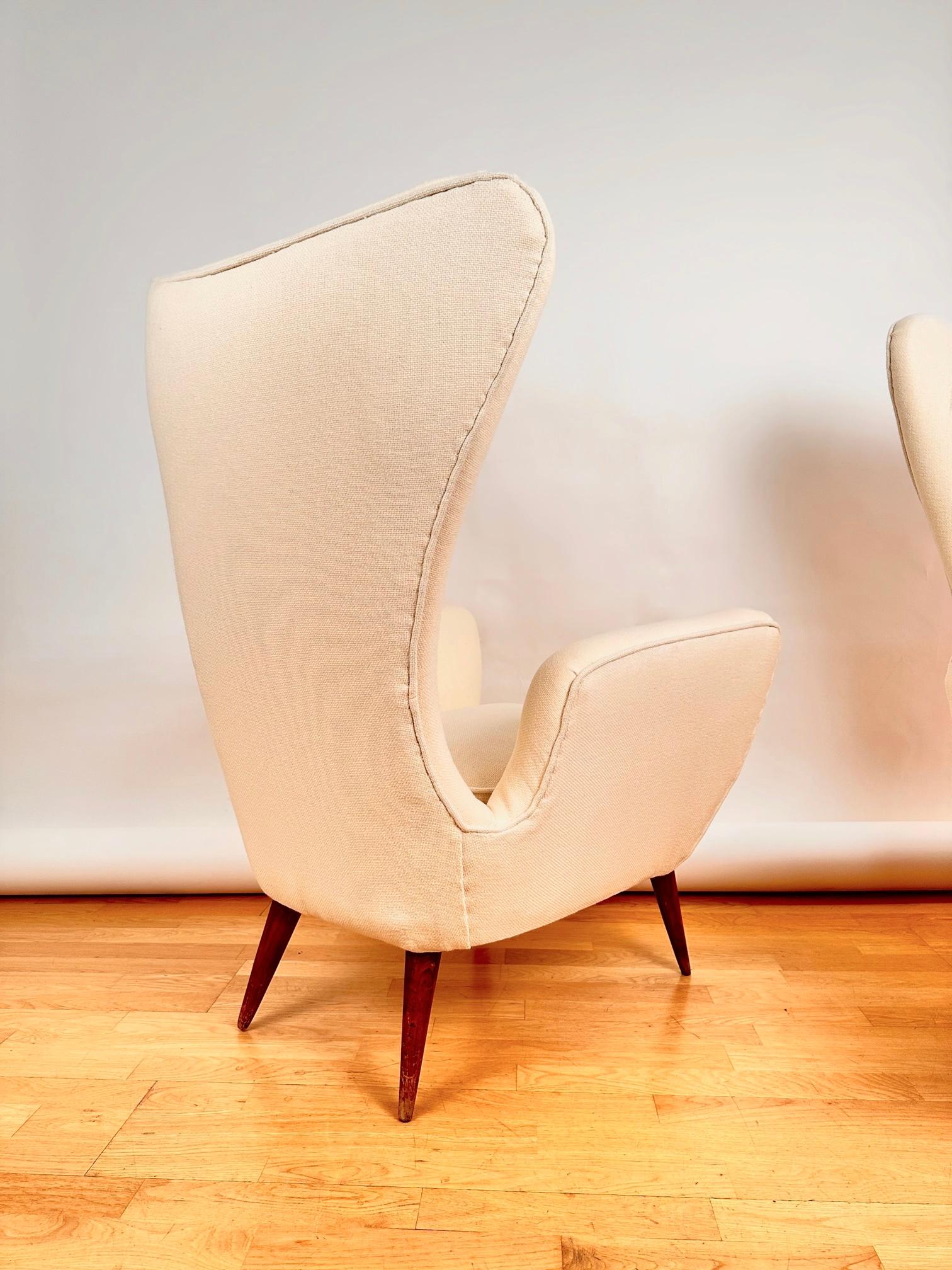 Italian Pair of Midcentury High Back Armchairs by E. Sala and G. Madini, Kvadrat Fabric For Sale