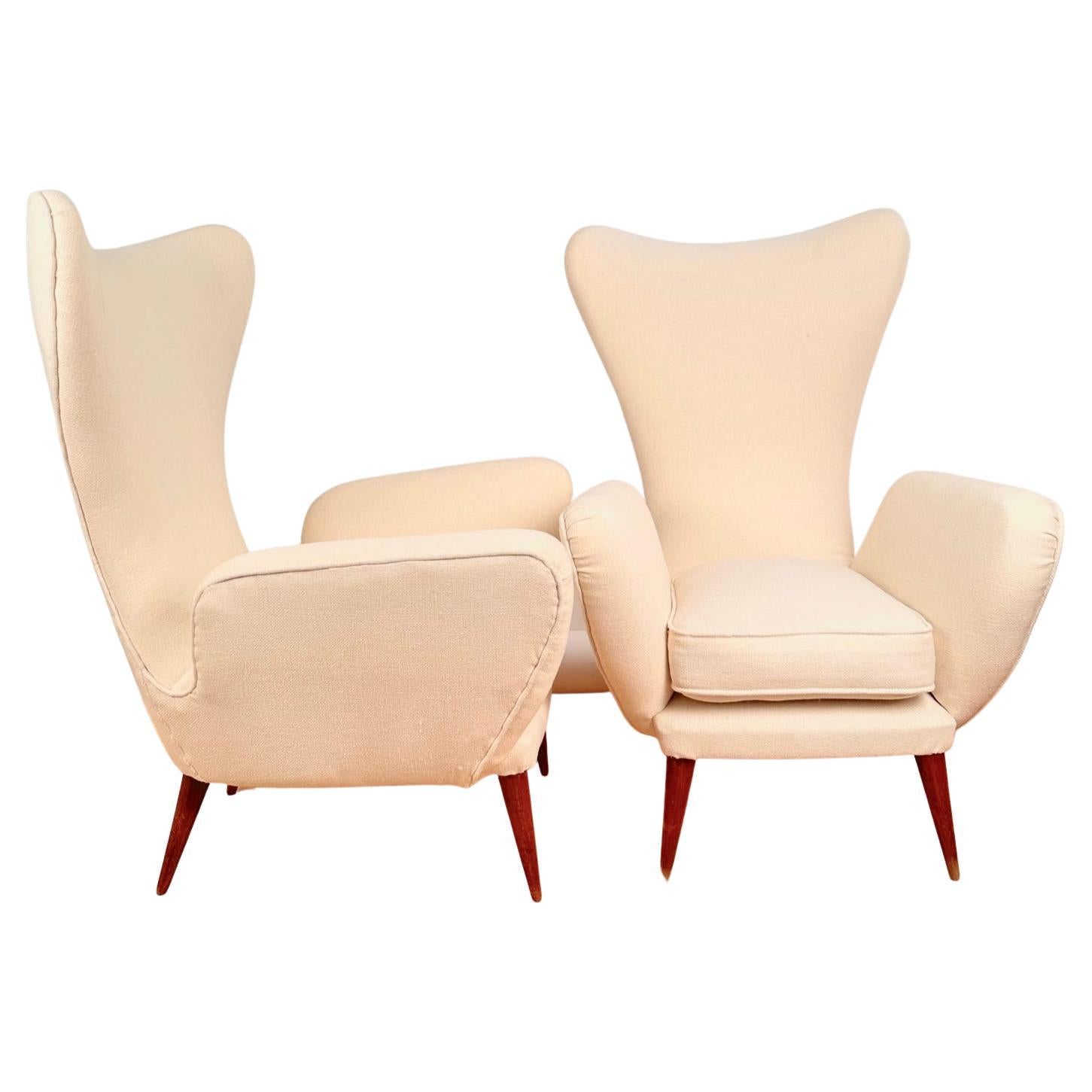 Pair of Midcentury High Back Armchairs by E. Sala and G. Madini, Kvadrat Fabric For Sale