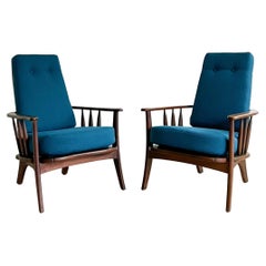 Pair of Midcentury High Back Lounge Chairs, New Teal Dark Upholstery