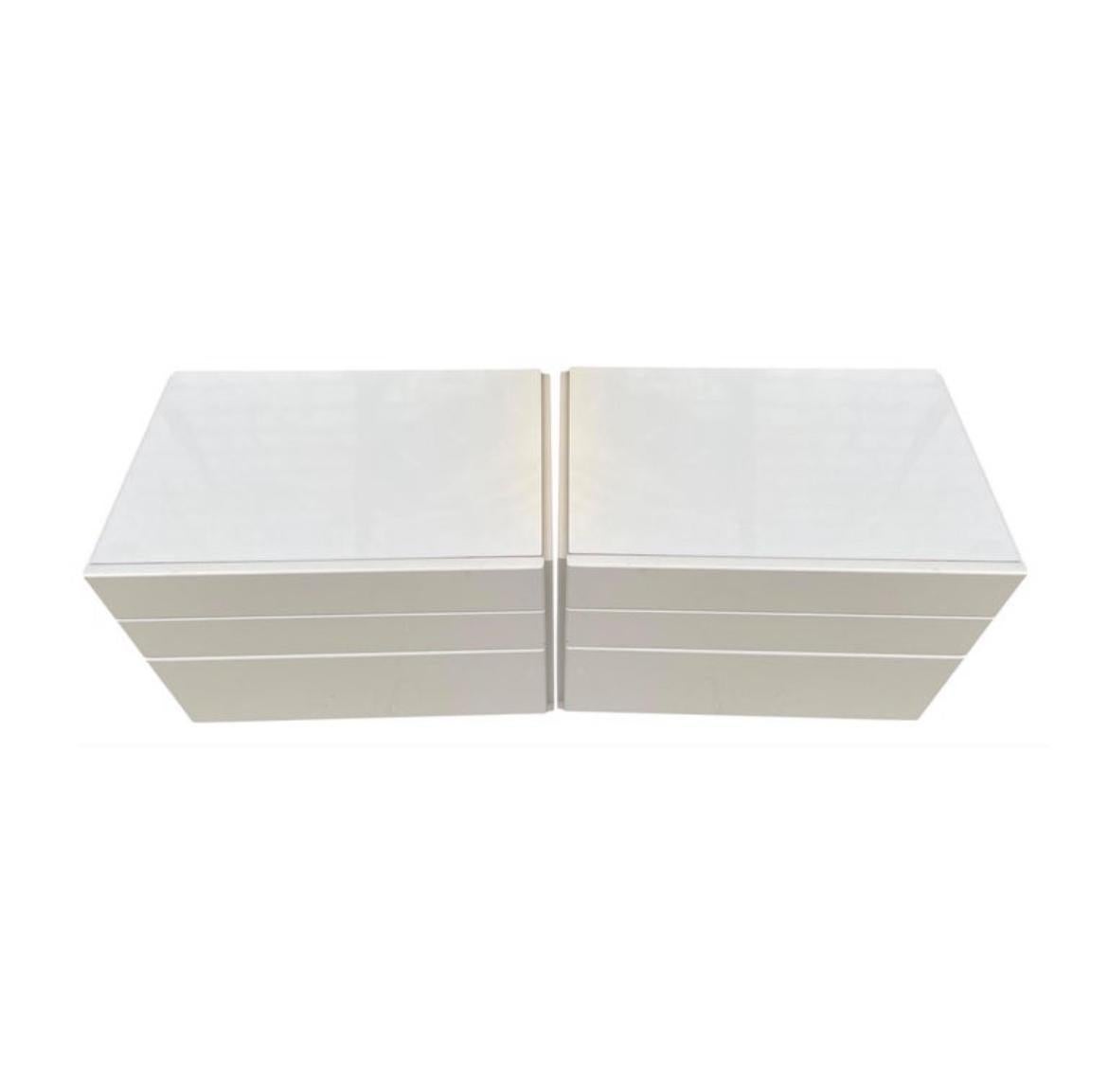 Pair of Mid Century High Gloss taupe Lacquer Lane Nightstand 2 Drawers. Beautiful condition inside and out. Circa 1970 - 2 Drawer Nightstand all drawers have metal glides all smooth. Shows very little use - Has Lane stamp inside Drawer. Top is a