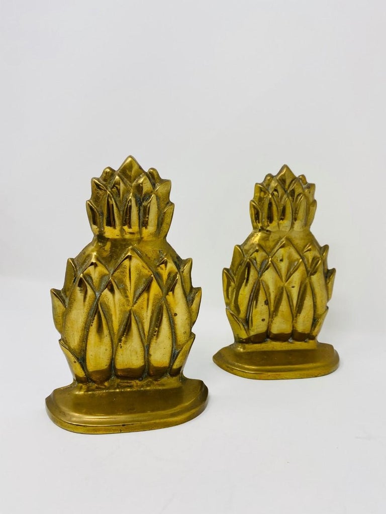 Pair of Mid Century Hollywood Regency Brass Pineapple Bookends For Sale