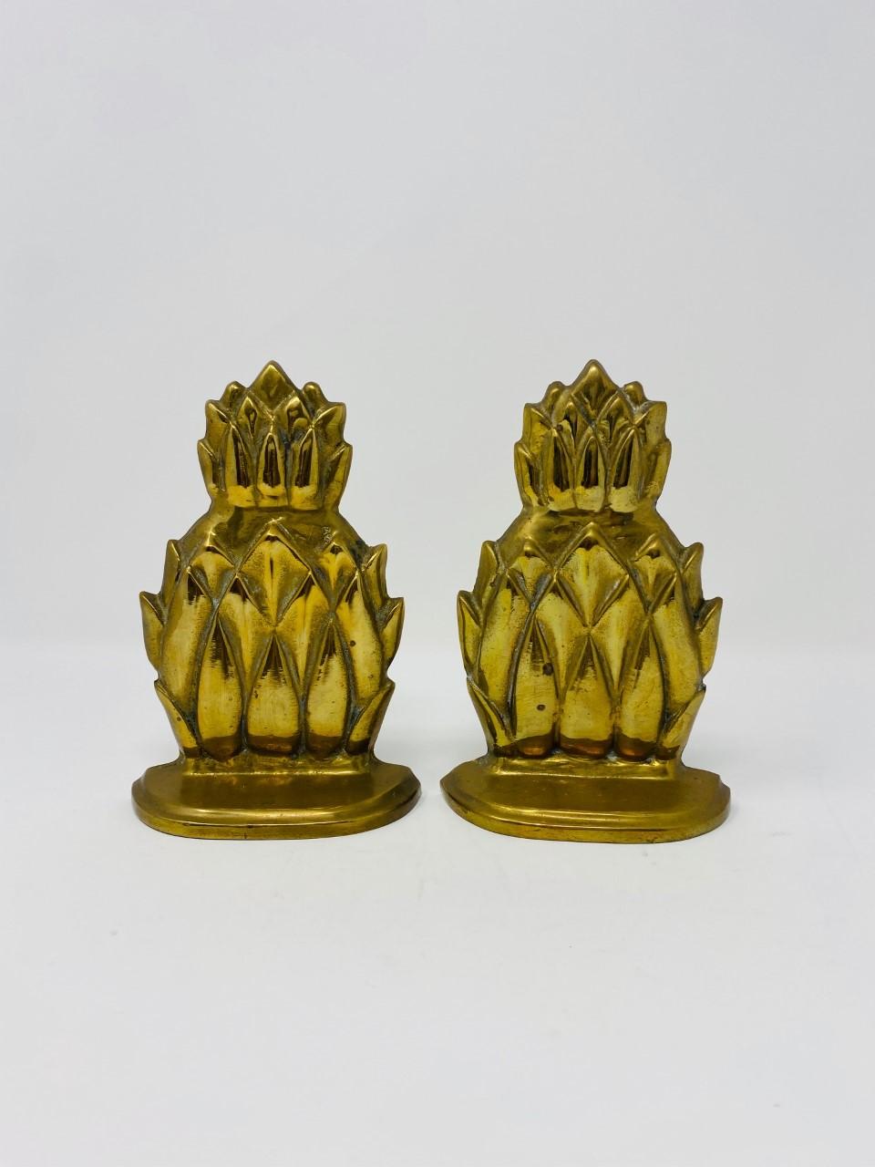 Pair of Mid Century Hollywood Regency Brass Pineapple Bookends For Sale 2