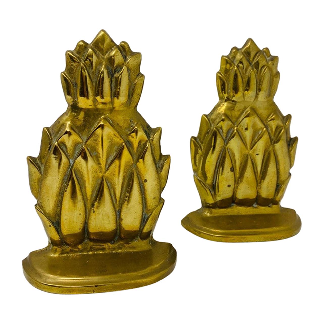Pair of Mid Century Hollywood Regency Brass Pineapple Bookends