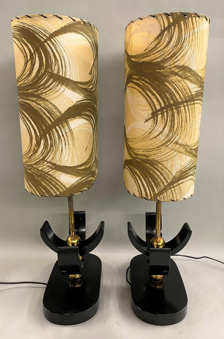 American Pair of Mid Century Hollywood Regency Ebonized & Brass Table Lamps