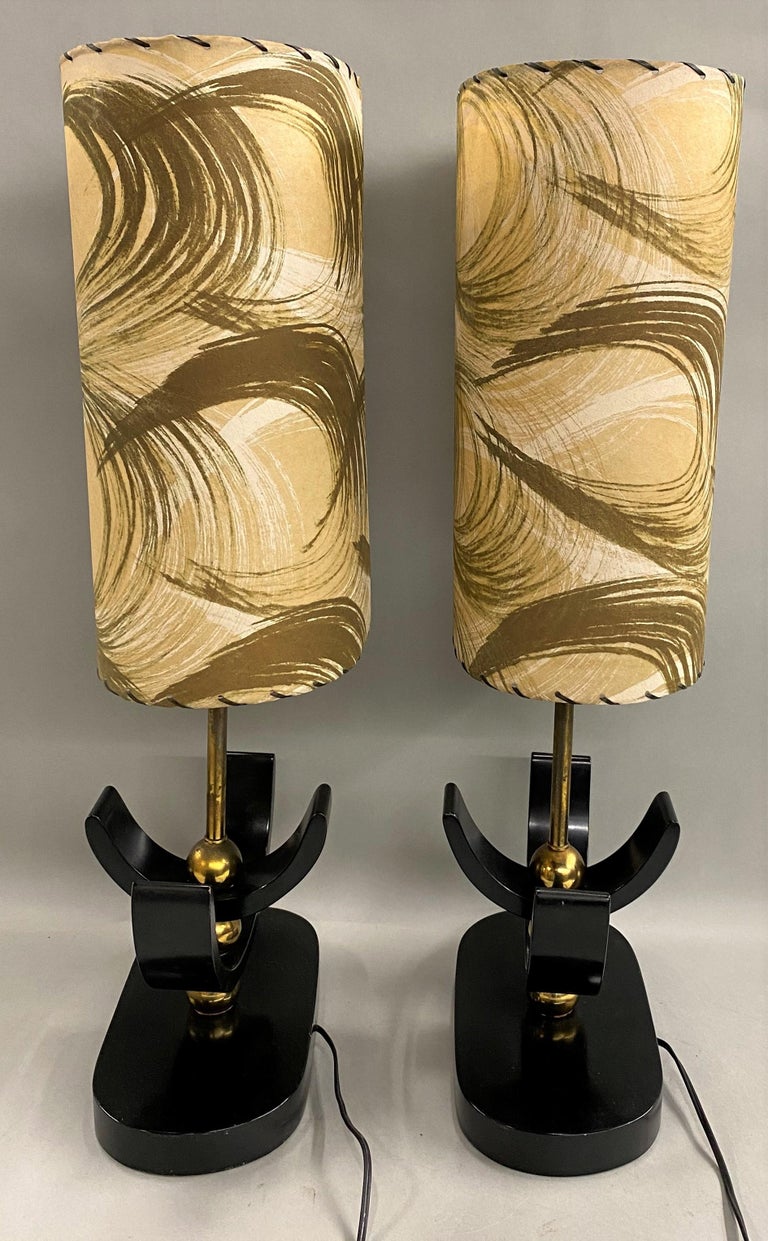 Pair of Mid Century Hollywood Regency Ebonized & Brass Table Lamps In Good Condition In Milford, NH