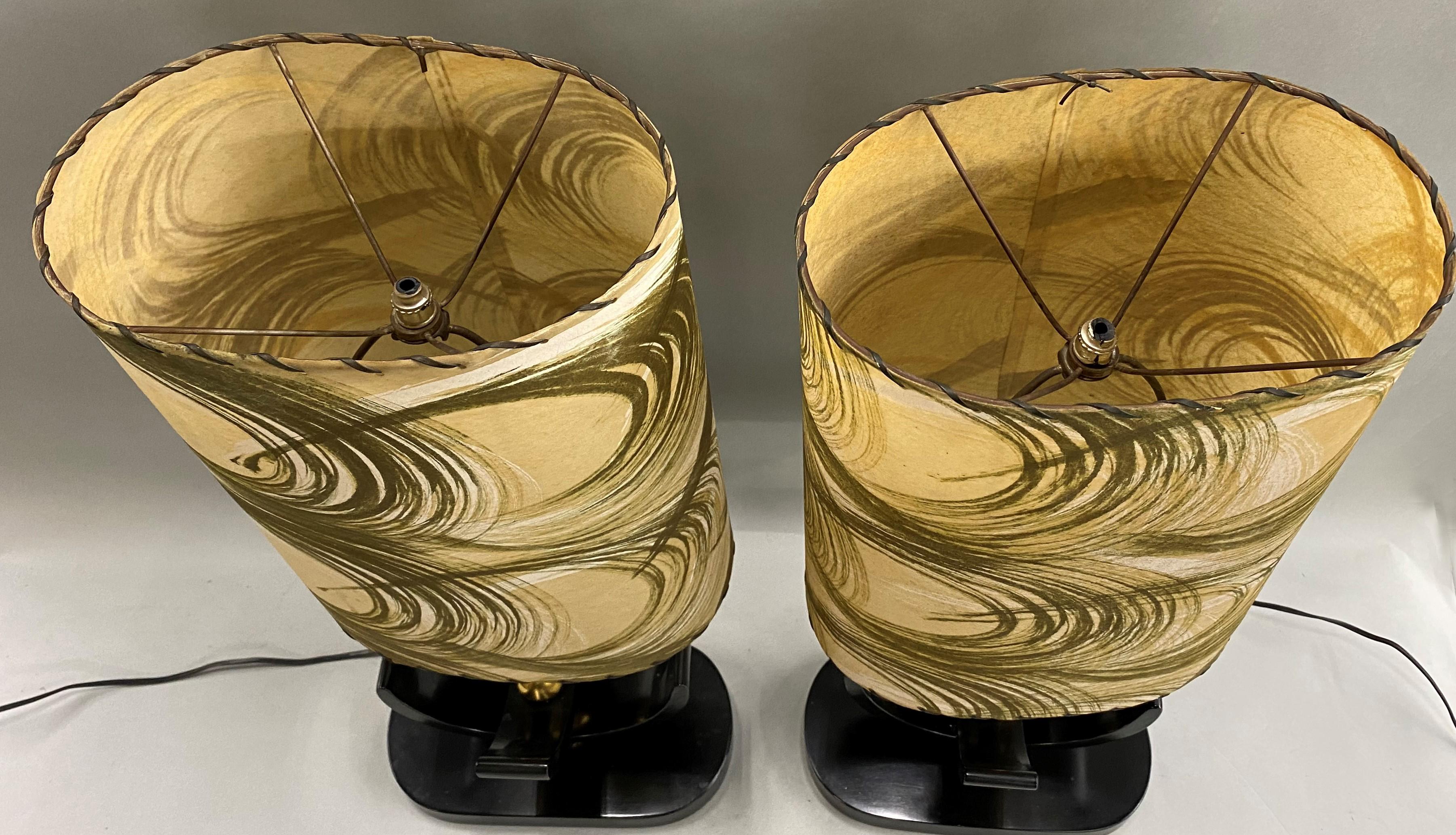 Pair of Mid Century Hollywood Regency Ebonized & Brass Table Lamps In Good Condition In Milford, NH