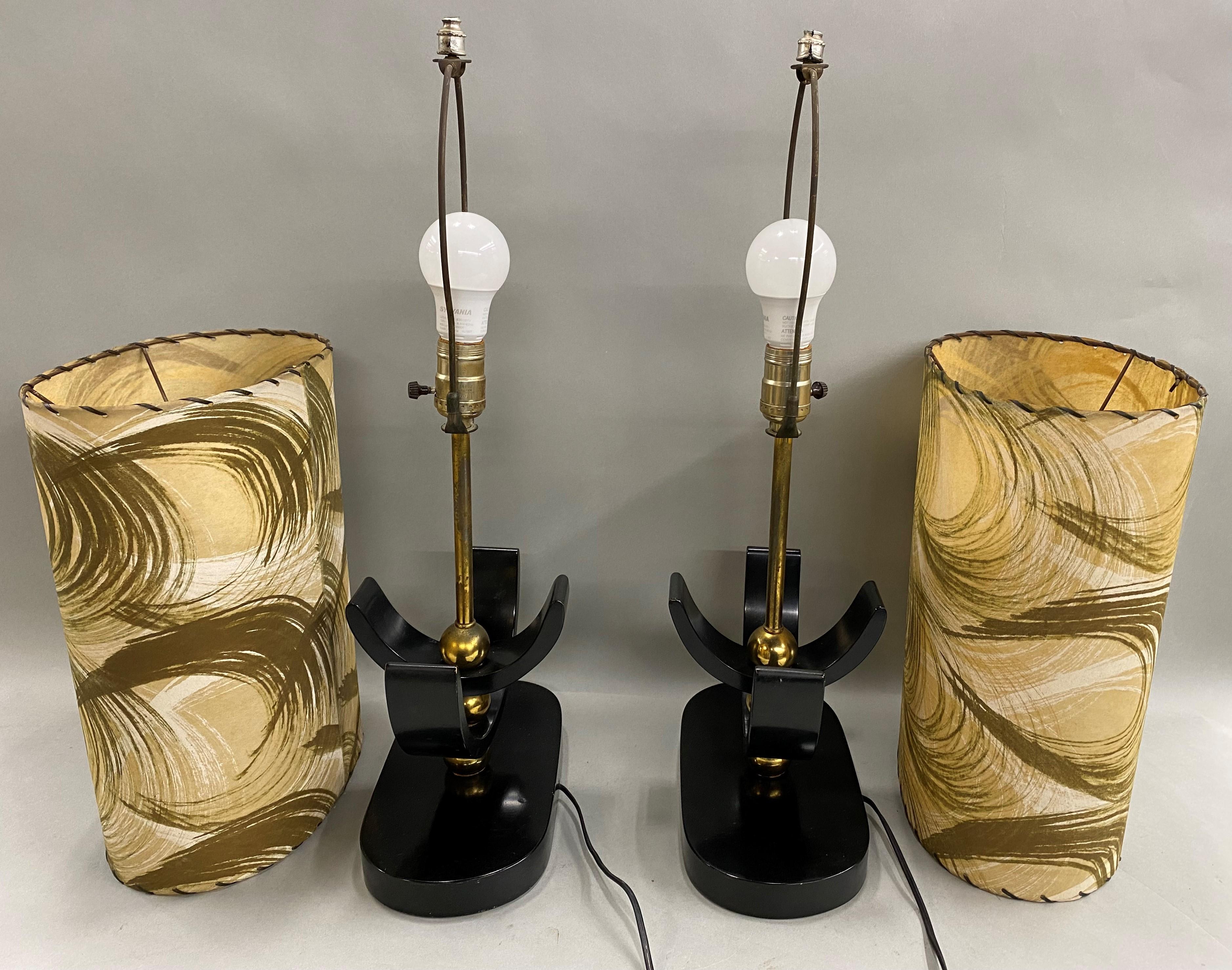 Pair of Mid Century Hollywood Regency Ebonized & Brass Table Lamps 2