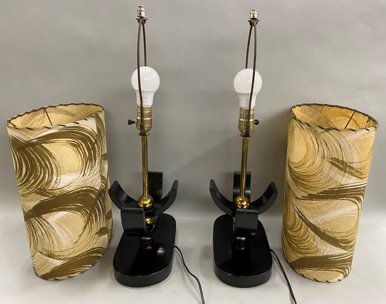 Pair of Mid Century Hollywood Regency Ebonized & Brass Table Lamps 3