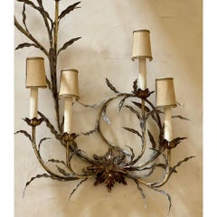 Pair of Mid-Century Hollywood Regency Sconces White Gold Metal Leaf Sconces