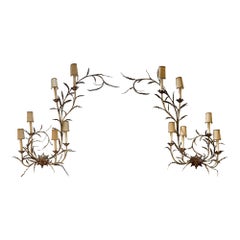 Pair of Mid-Century Hollywood Regency Sconces White Gold Metal Leaf Sconces