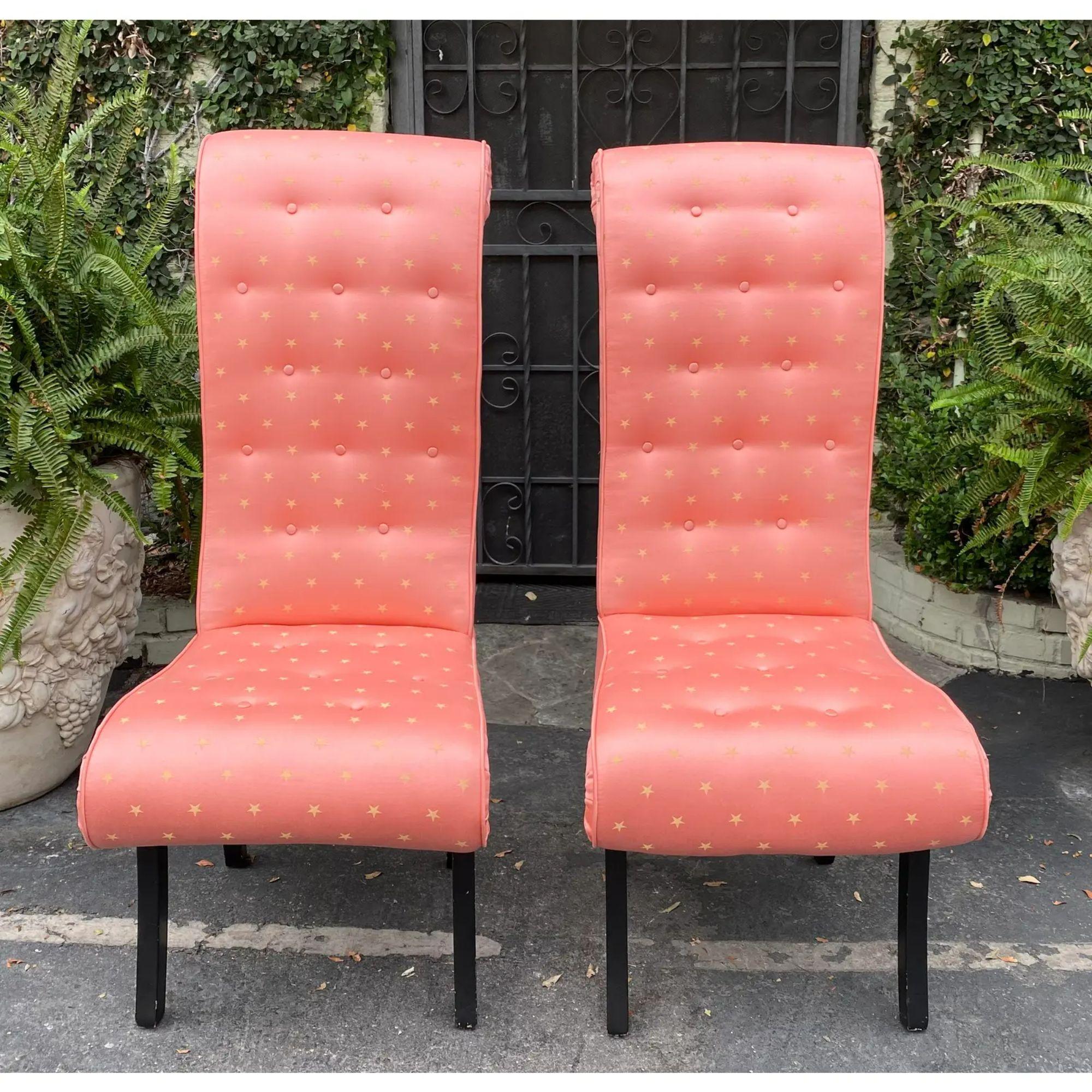 Mid-century Hollywood Regency scroll back chairs with scalamandre fabric - a pair.

Additional information:
Materials: fabric, silk, wood.
Color: pink.
Designer: The House of Scalamandre.
Period: 1950s.
Styles: Hollywood Regency.
Number of