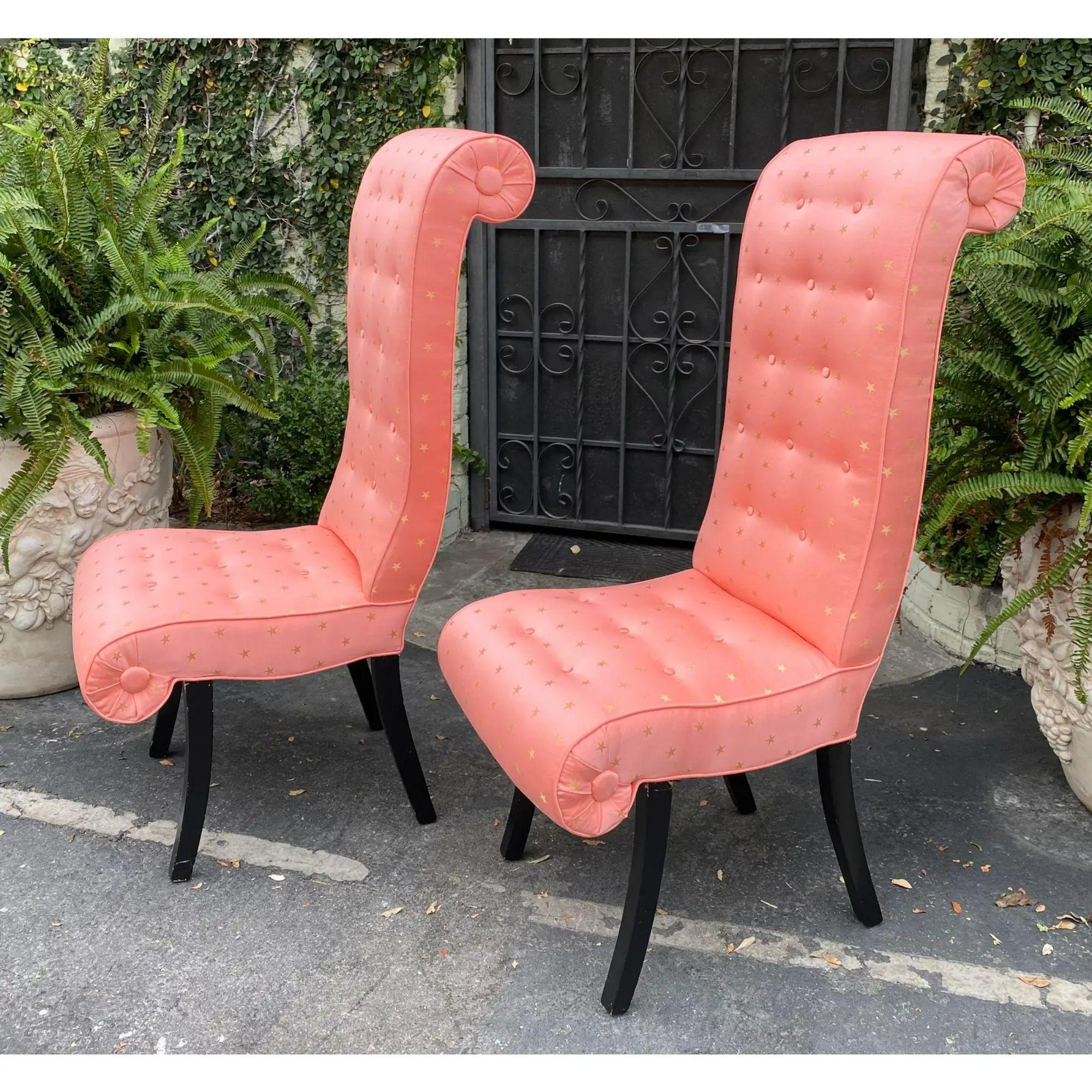 Pair of Mid-Century Hollywood Regency Scroll Back Chairs with Scalamandre Fabric In Good Condition For Sale In LOS ANGELES, CA