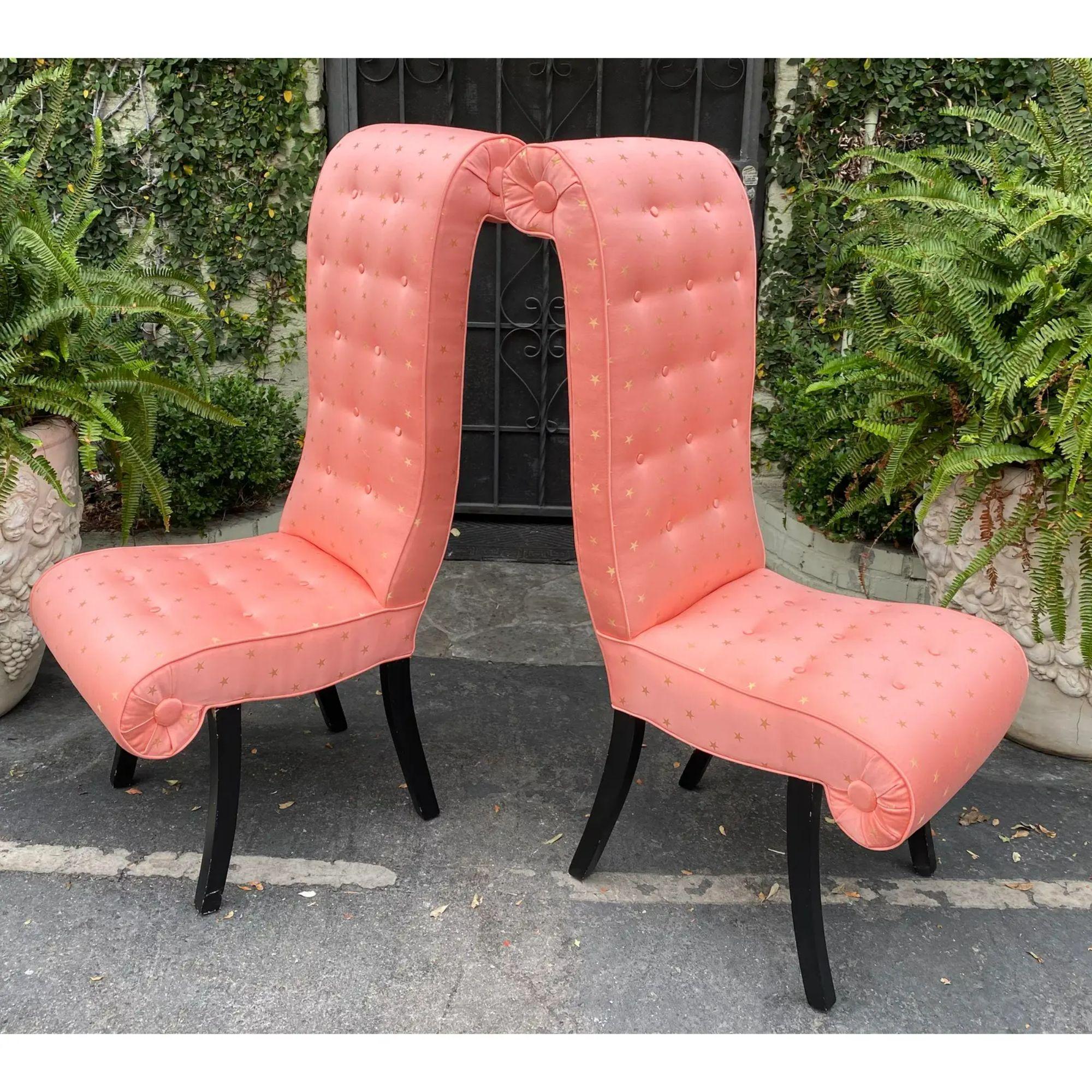 20th Century Pair of Mid-Century Hollywood Regency Scroll Back Chairs with Scalamandre Fabric For Sale