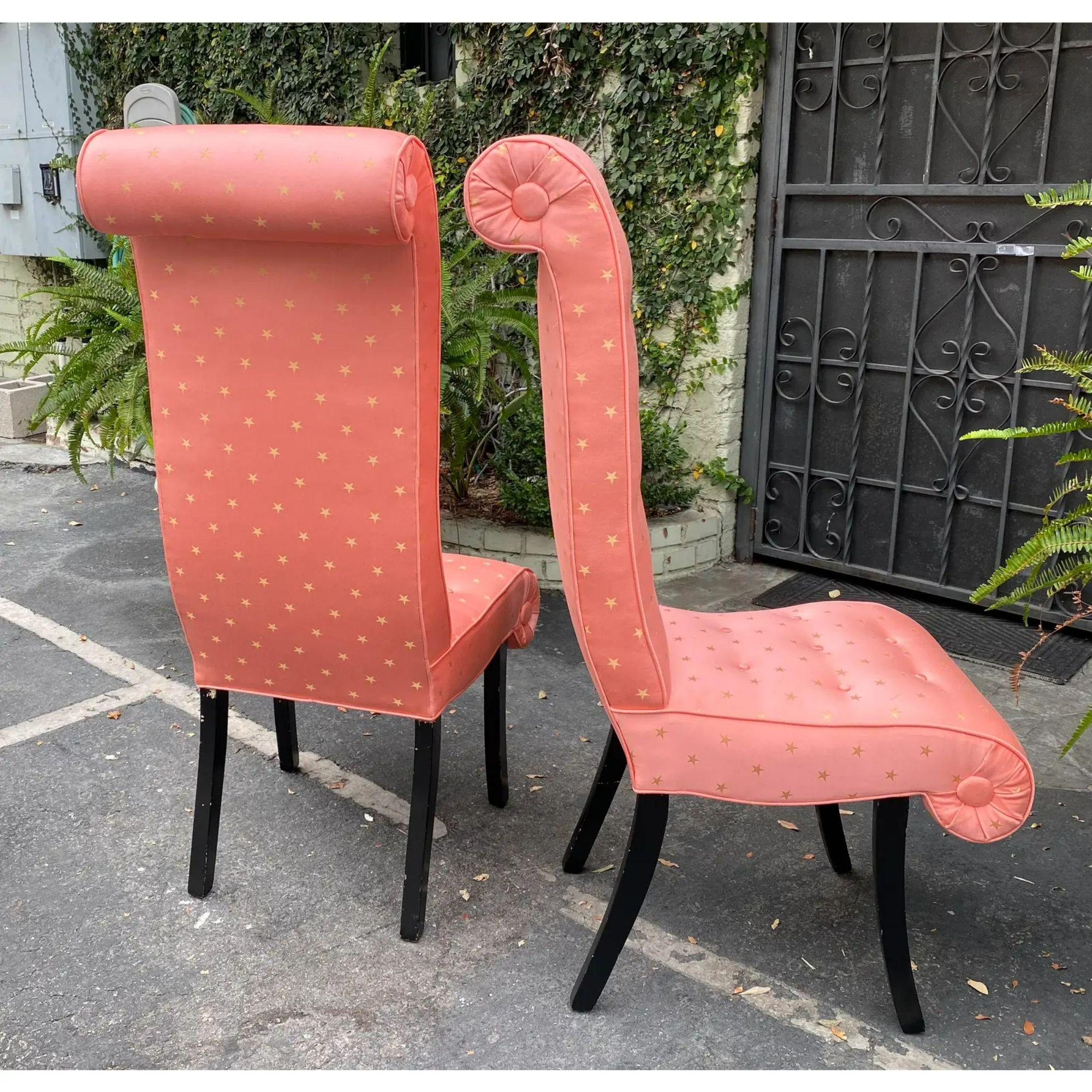 Pair of Mid-Century Hollywood Regency Scroll Back Chairs with Scalamandre Fabric For Sale 1