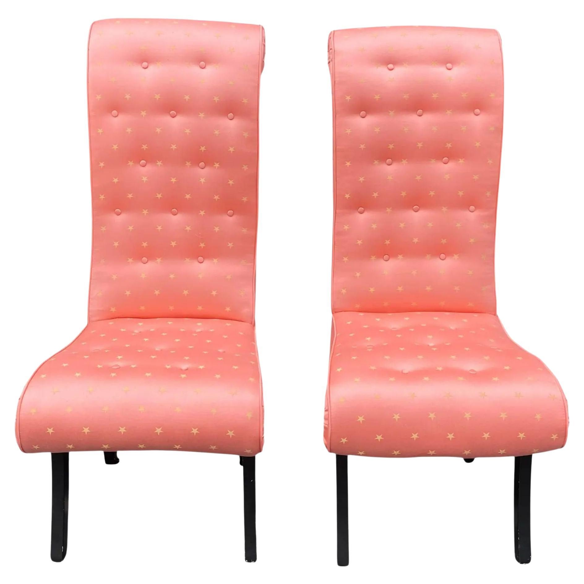 Pair of Mid-Century Hollywood Regency Scroll Back Chairs with Scalamandre Fabric For Sale