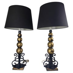 Pair of Mid Century Hollywood Regency Table Lamps With Gilt Stacked Balls C1960