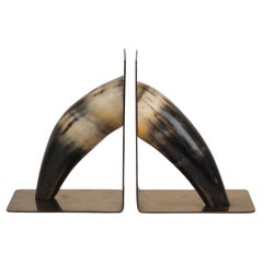 Pair of Mid-Century Horn and Brass Bookends, Vintage Originals