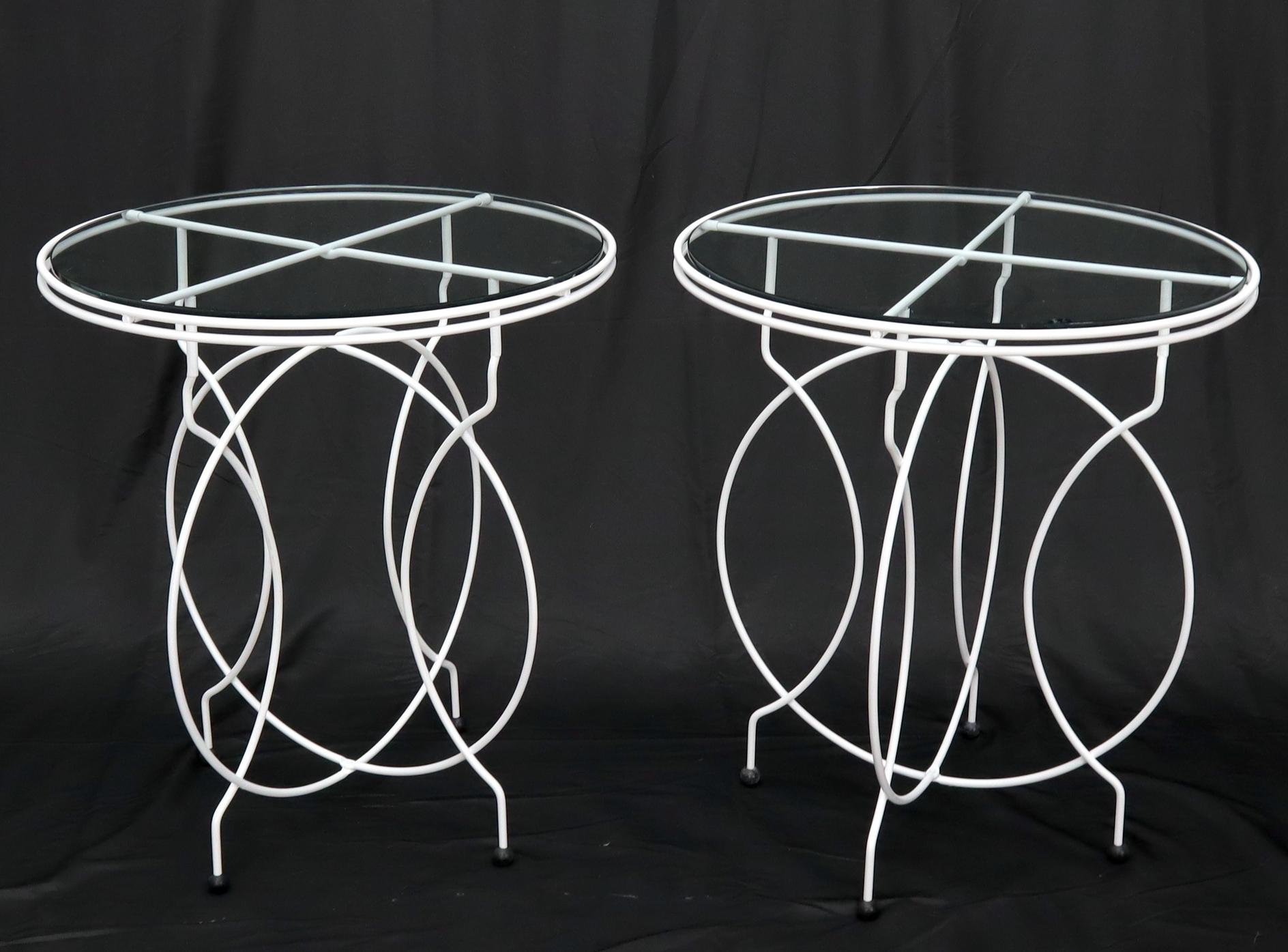 Steel Pair of Midcentury Ice Cream Style Round Folding Cafe Tables Glass Tops For Sale